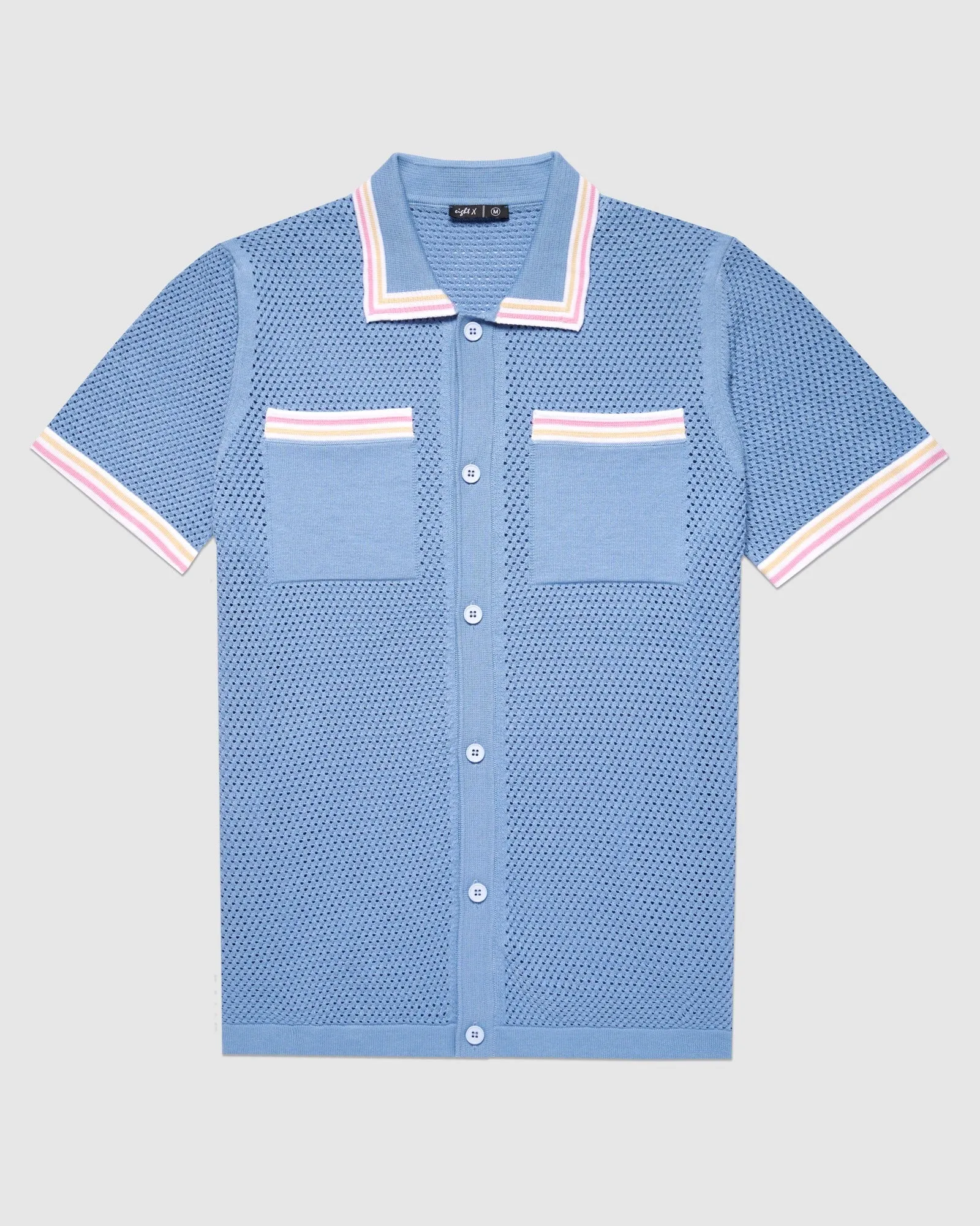 The Sundae Crochet Short Sleeve Button Up Shirt - Blue Moon