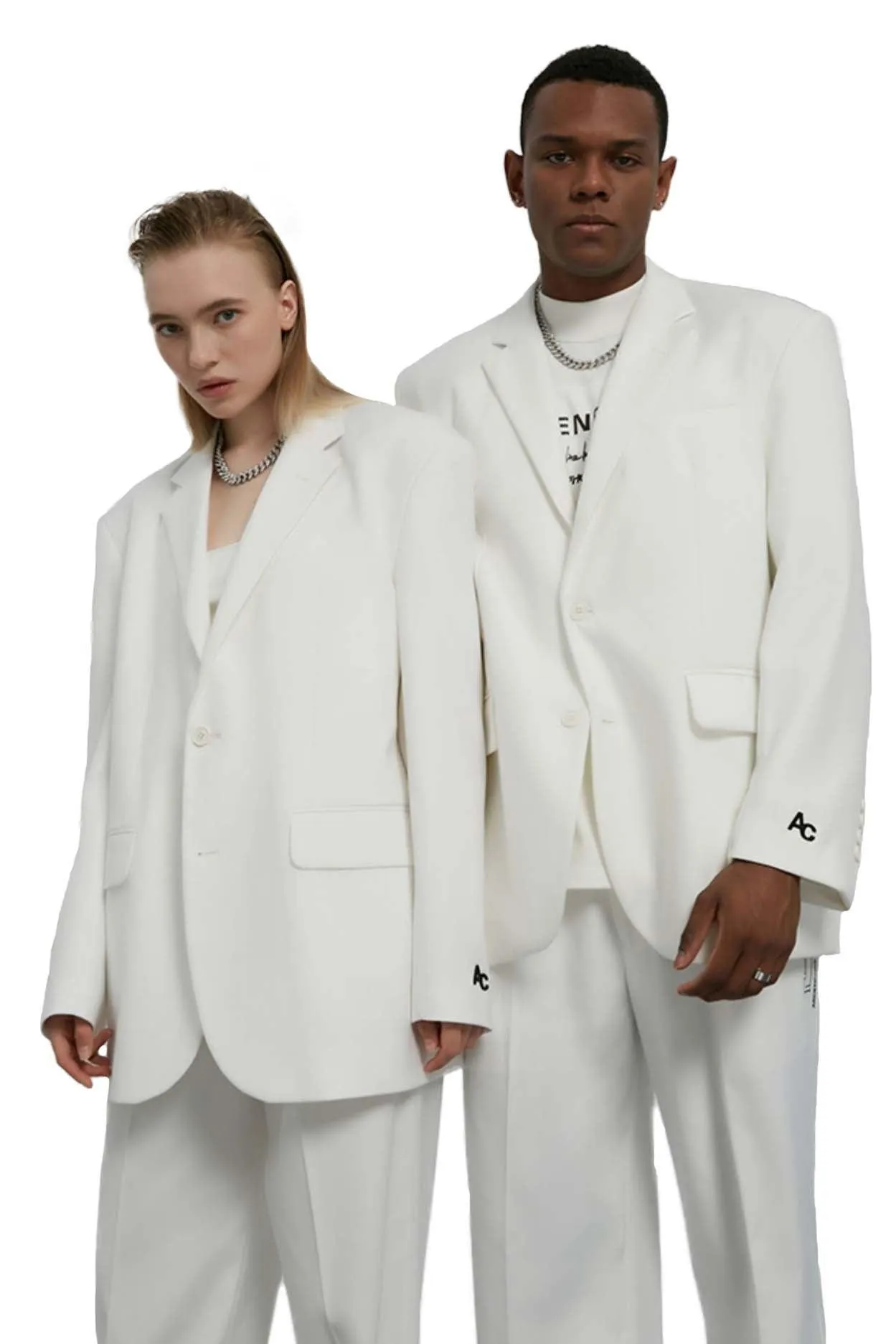 Unisex White Patched Blazer