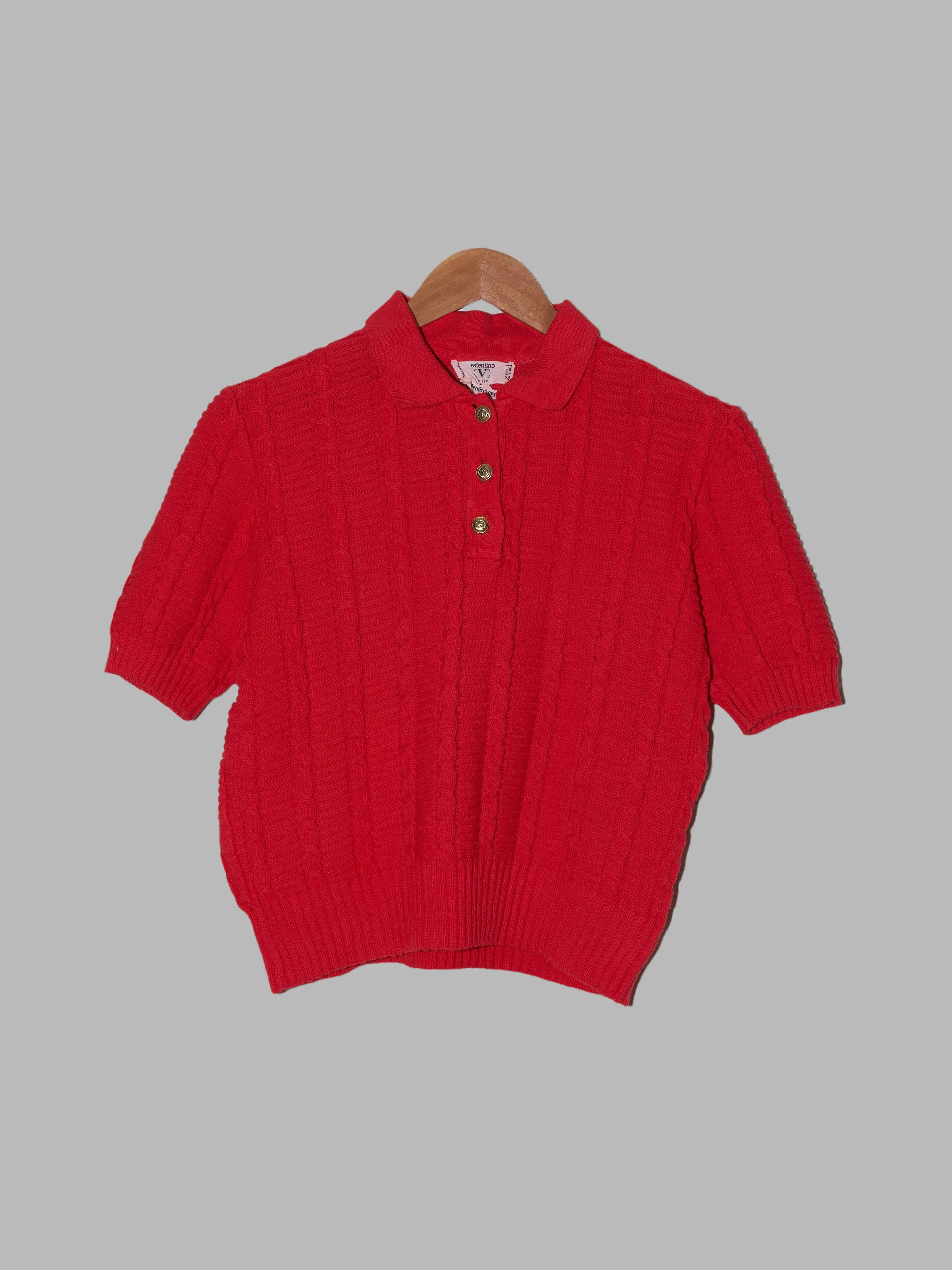 Valentino Miss V red cotton cable knit short sleeve sweater - size 44