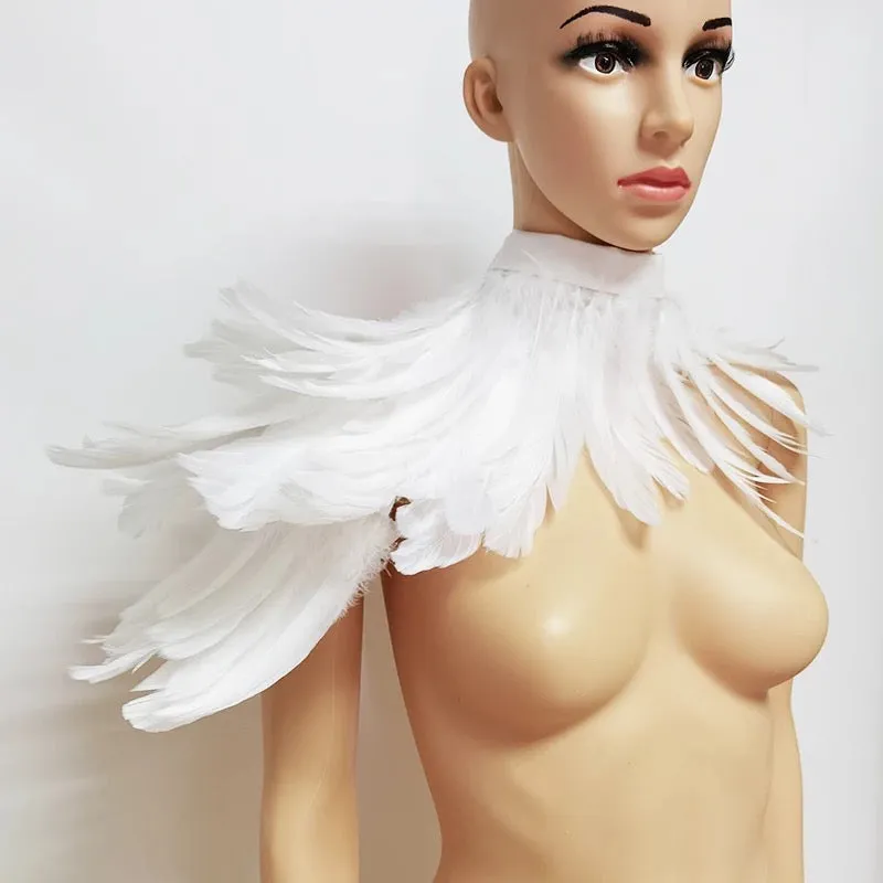 Victorian Cosplay Goth Feather One Shoulder Shrug Shawl - White