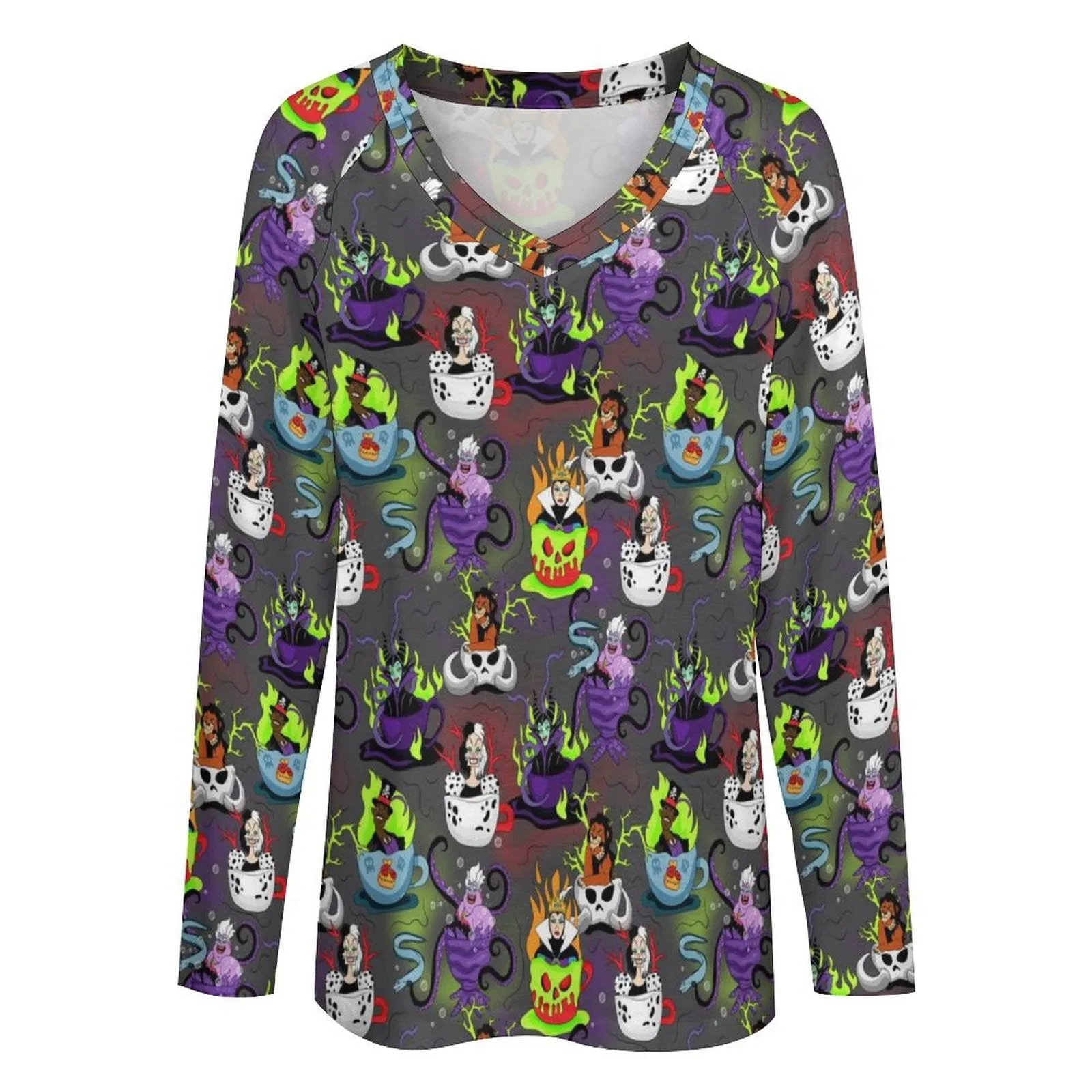 Villain Tea Cups Long Sleeve Loose V-Neck Tee