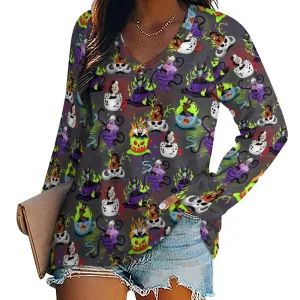 Villain Tea Cups Long Sleeve Loose V-Neck Tee