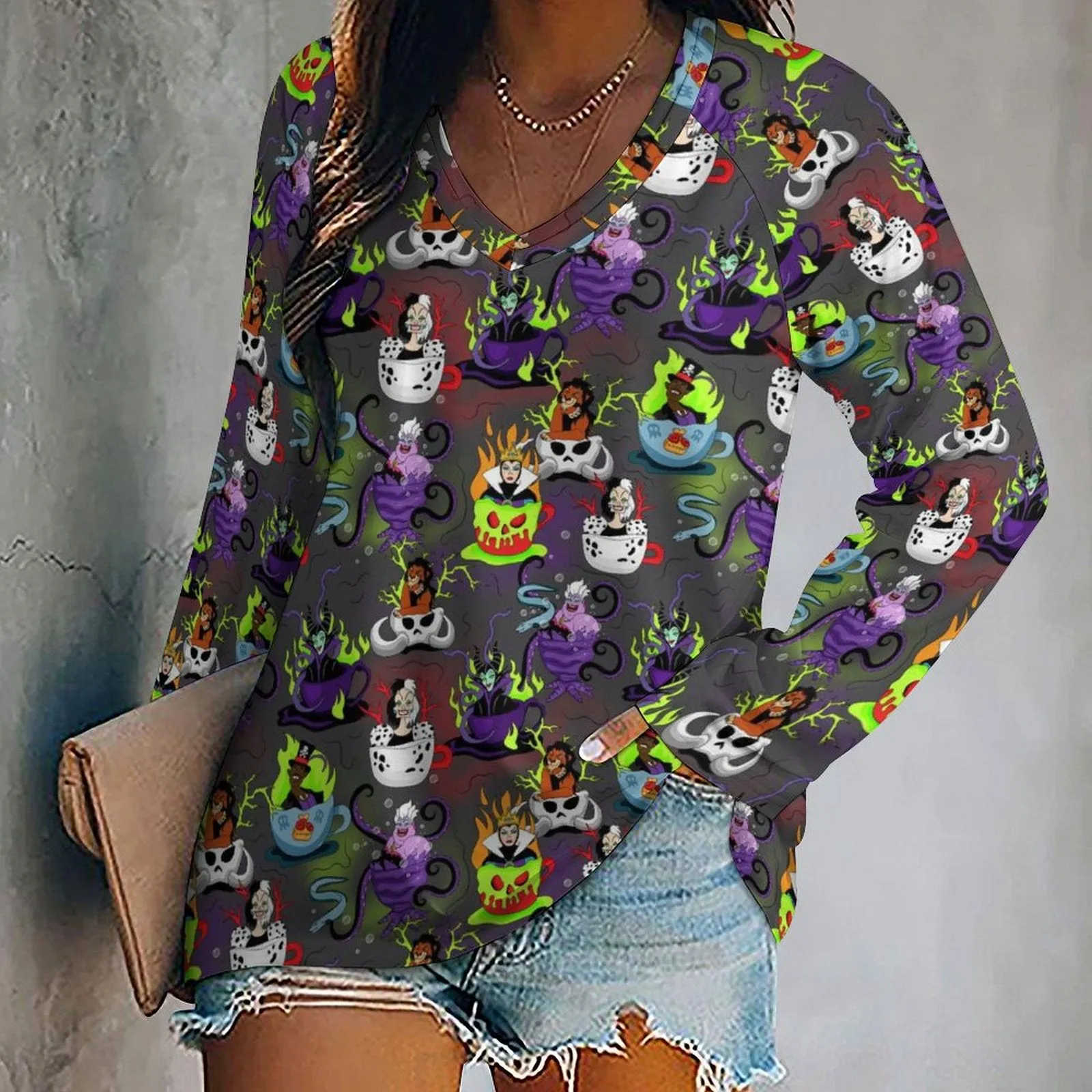 Villain Tea Cups Long Sleeve Loose V-Neck Tee