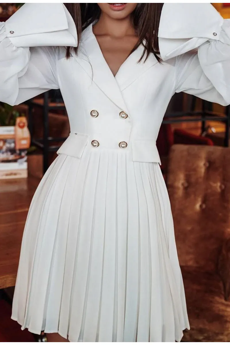 Vintage Pleated Elegant Lapel Office Long Sleeve Midi Blazer Dress