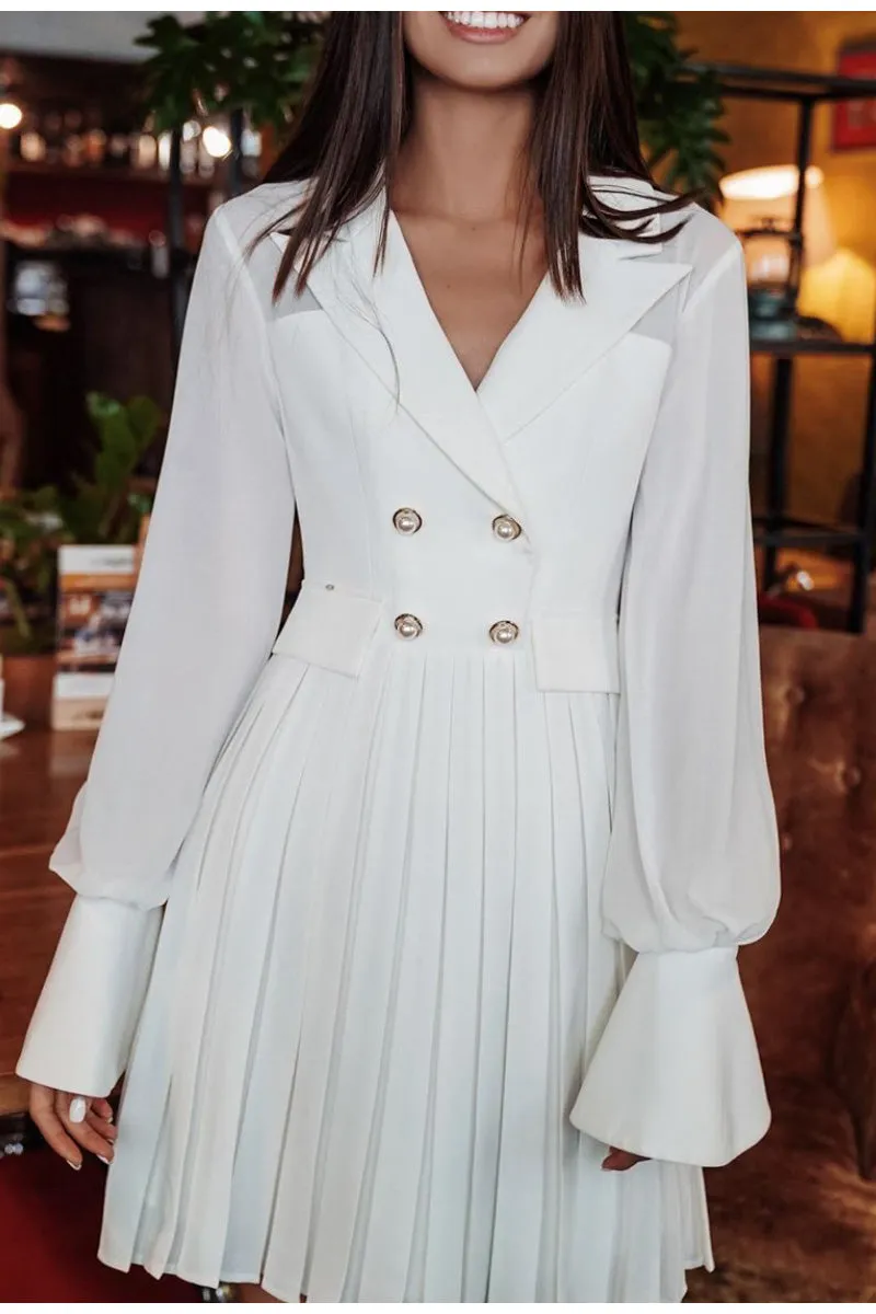 Vintage Pleated Elegant Lapel Office Long Sleeve Midi Blazer Dress