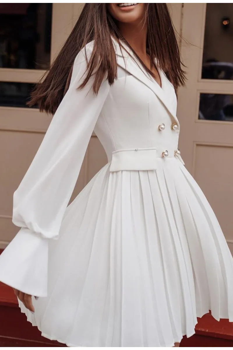 Vintage Pleated Elegant Lapel Office Long Sleeve Midi Blazer Dress