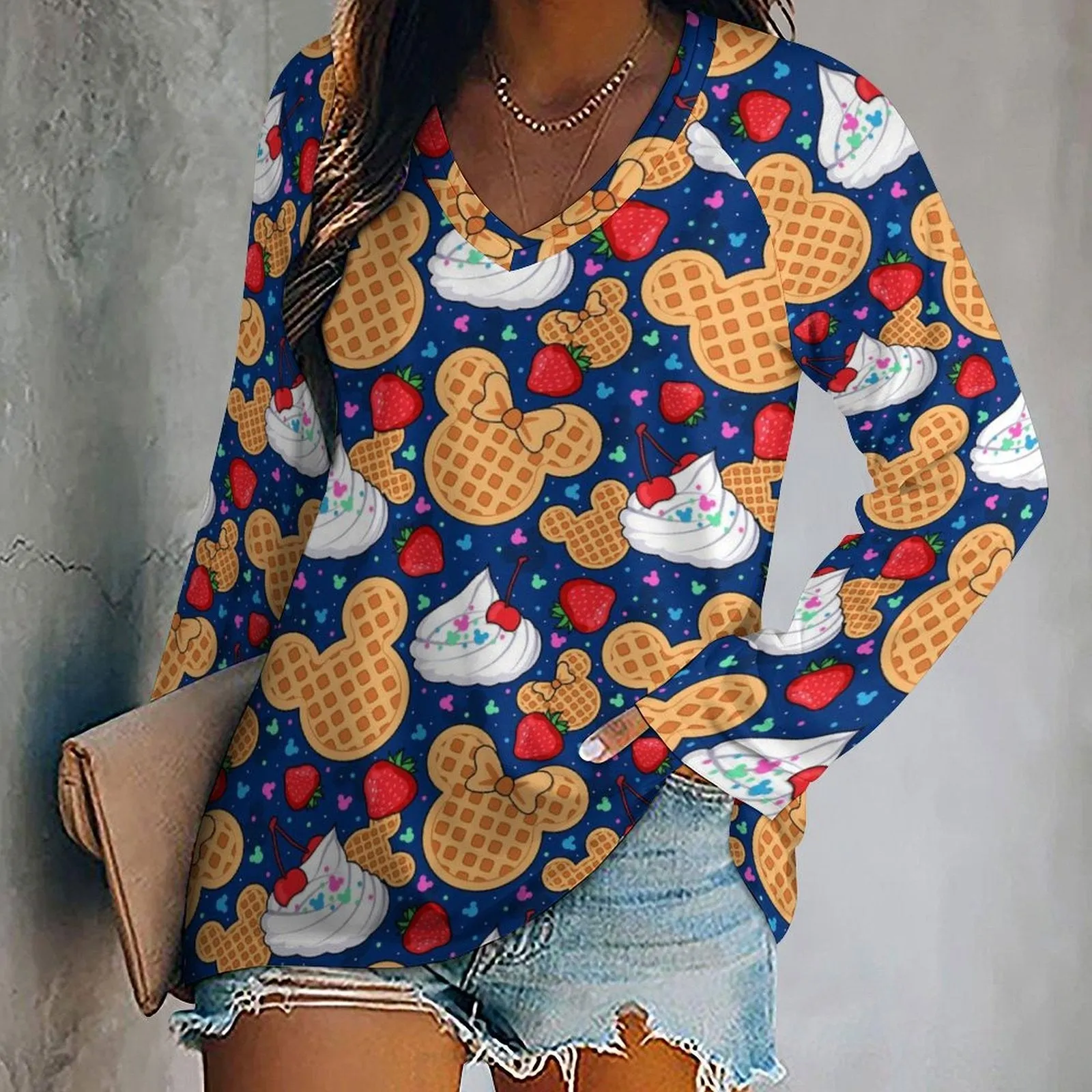 Waffles Long Sleeve Loose V-Neck Tee