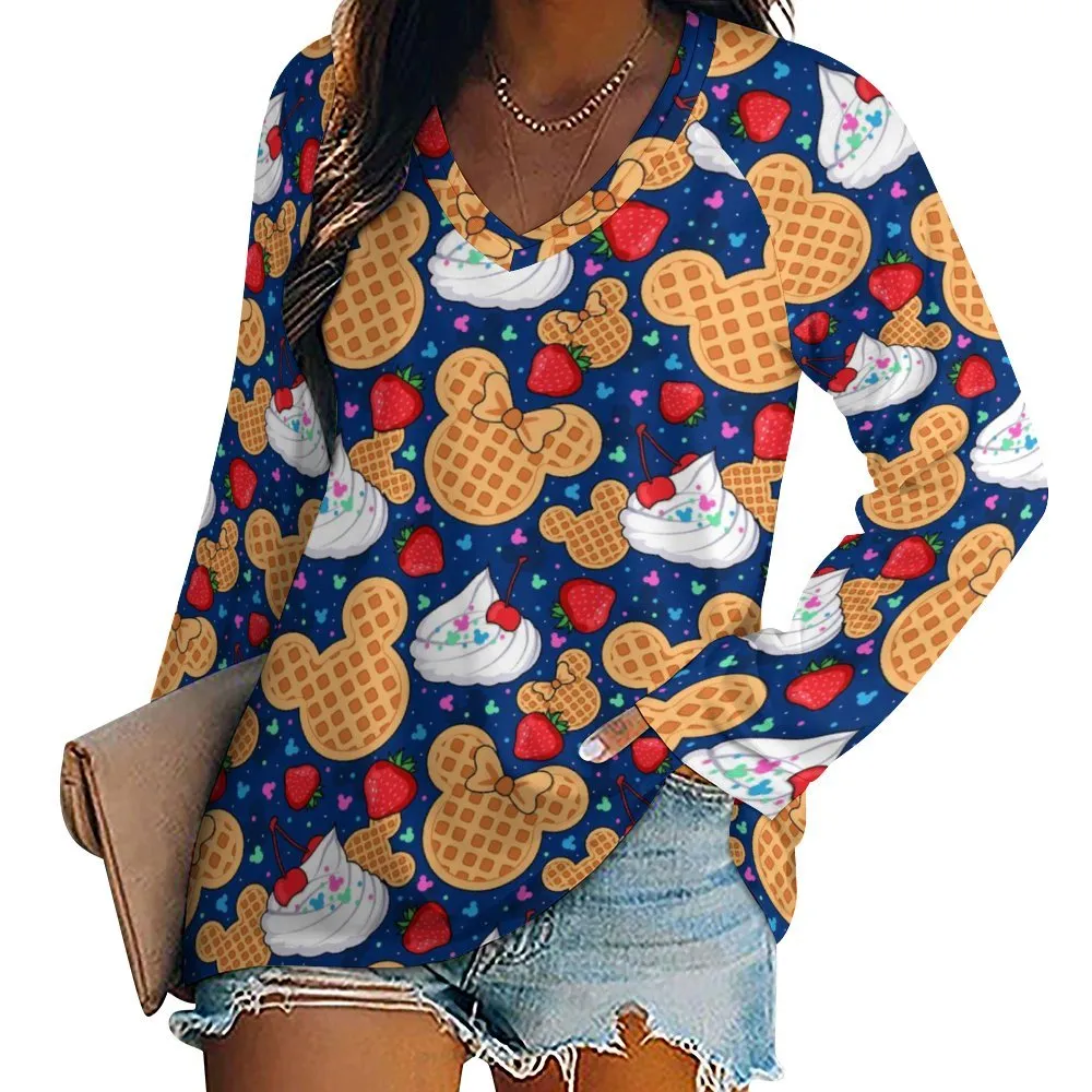 Waffles Long Sleeve Loose V-Neck Tee