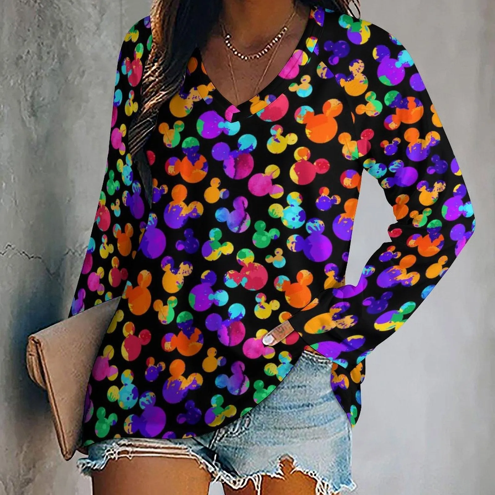 Watercolor Long Sleeve Loose V-Neck Tee