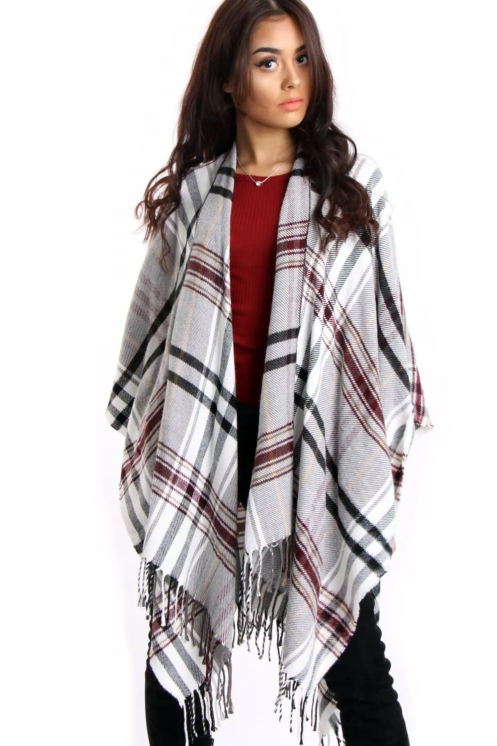 White & Burgundy Tartan Check Blanket Cape with Tassels