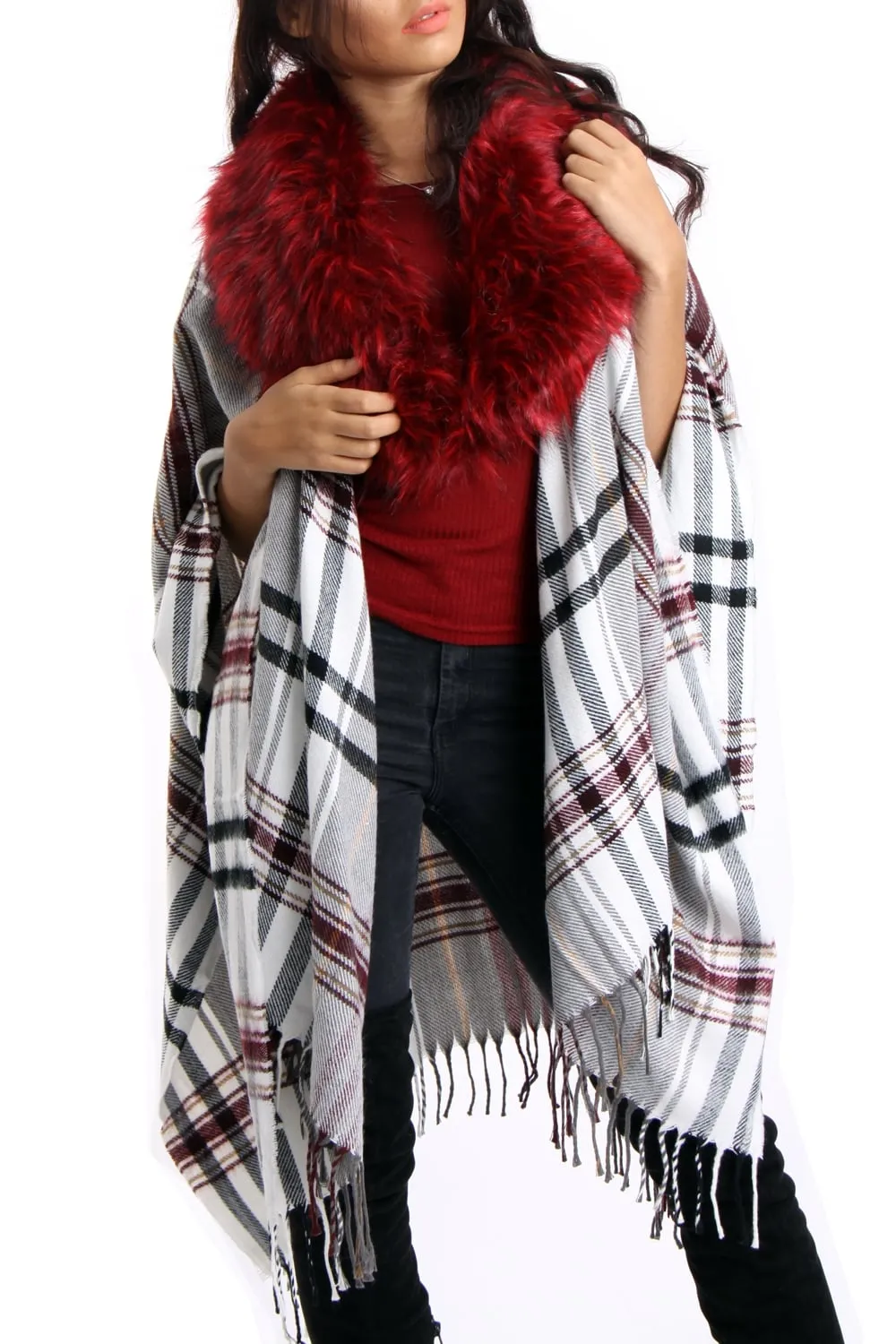 White & Burgundy Tartan Check Blanket Cape with Tassels