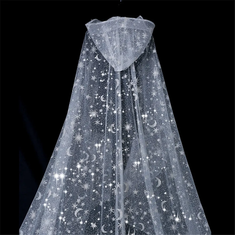 White Sparkly Sequin Glitter Bling Bridal Hooded Cape Cathedral Wedding Veil Cloak