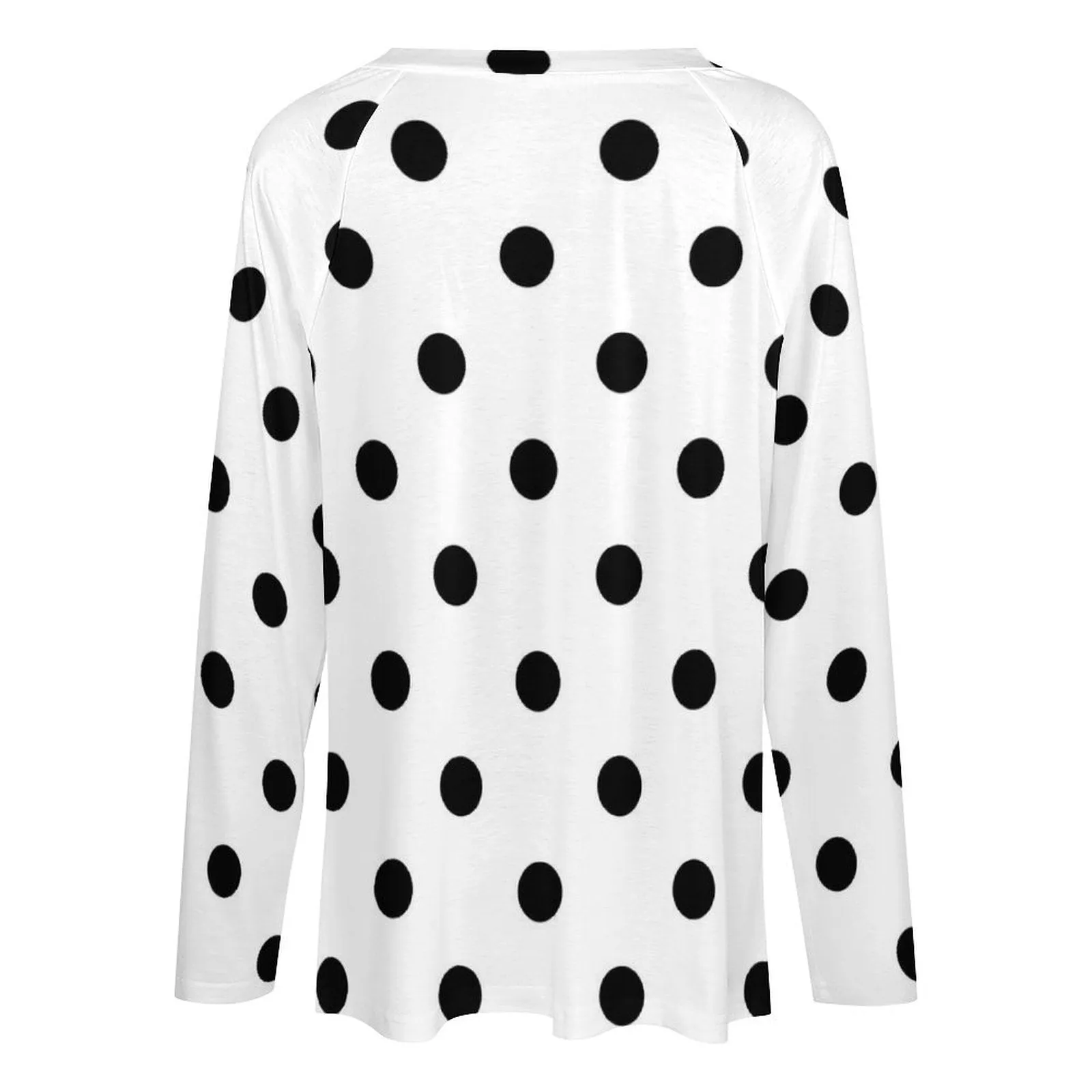 White With Black Polka Dots Long Sleeve Loose V-Neck Tee