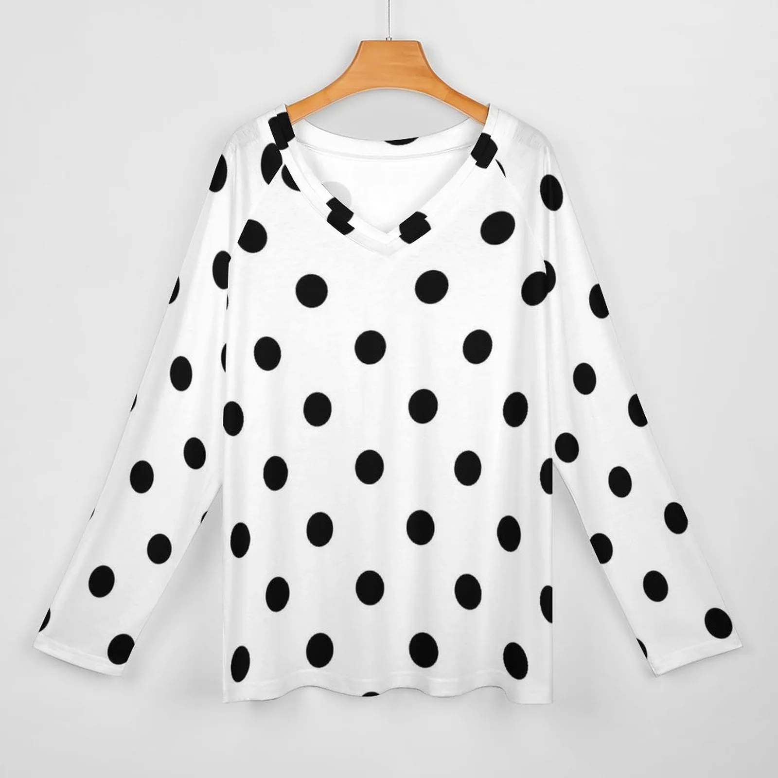 White With Black Polka Dots Long Sleeve Loose V-Neck Tee