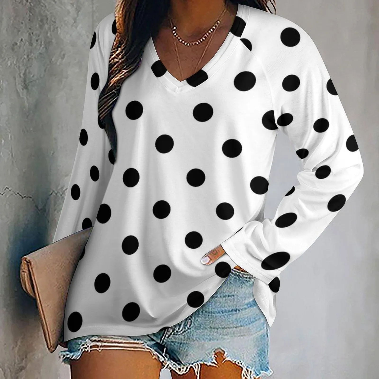 White With Black Polka Dots Long Sleeve Loose V-Neck Tee