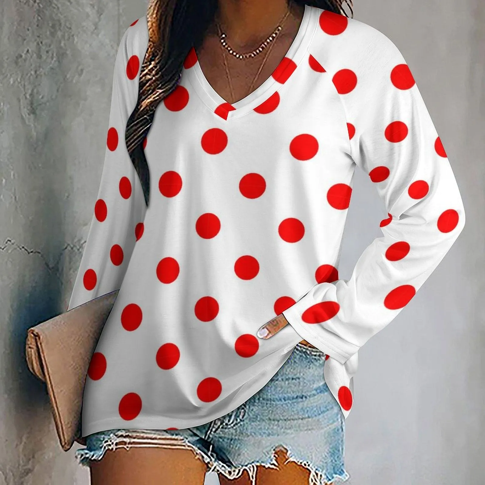 White With Red Polka Dots Long Sleeve Loose V-Neck Tee