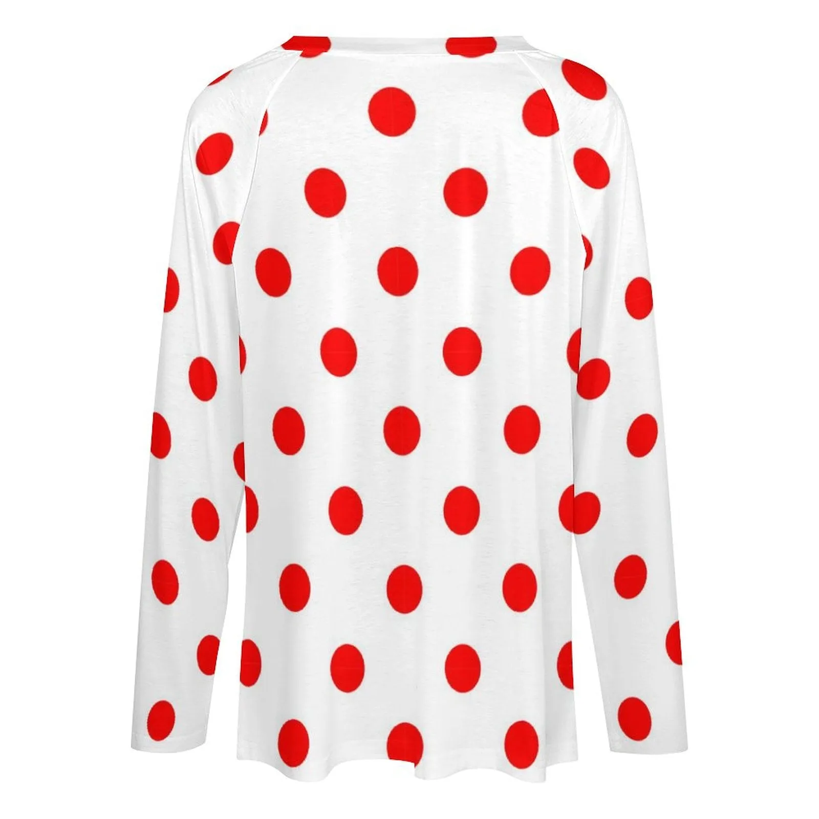 White With Red Polka Dots Long Sleeve Loose V-Neck Tee