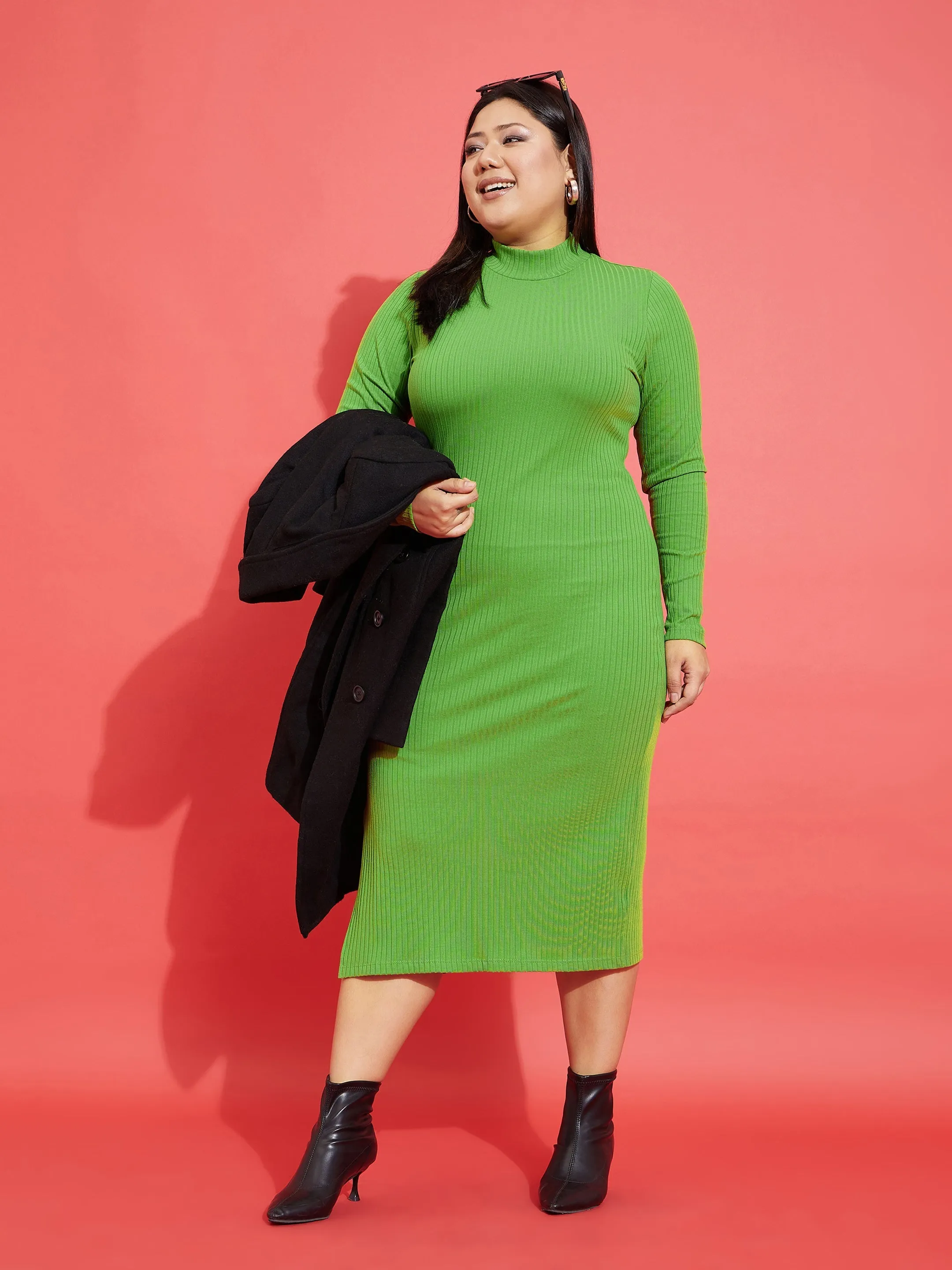 Women Green Rib Side Slit Bodycon Midi Dress