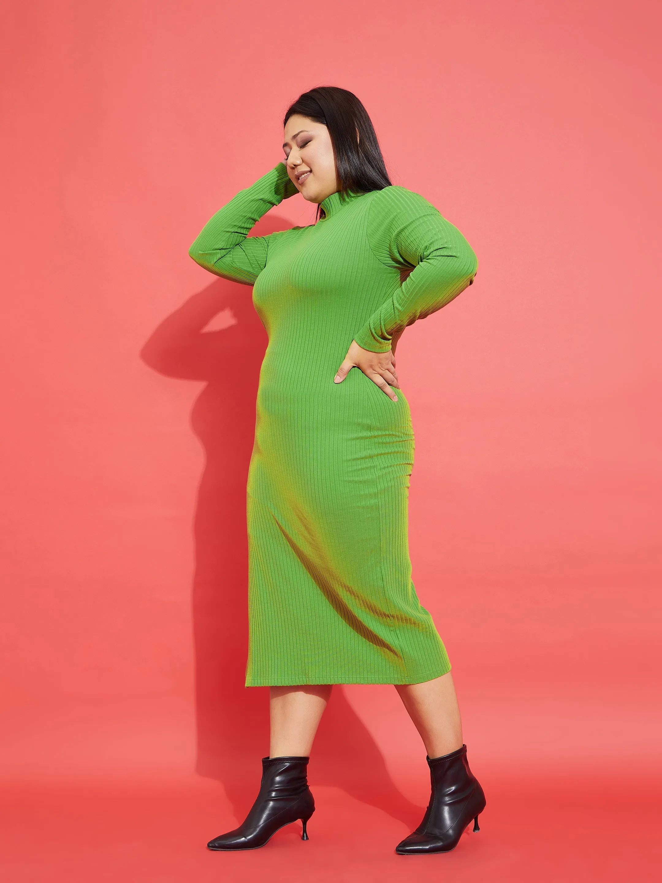 Women Green Rib Side Slit Bodycon Midi Dress