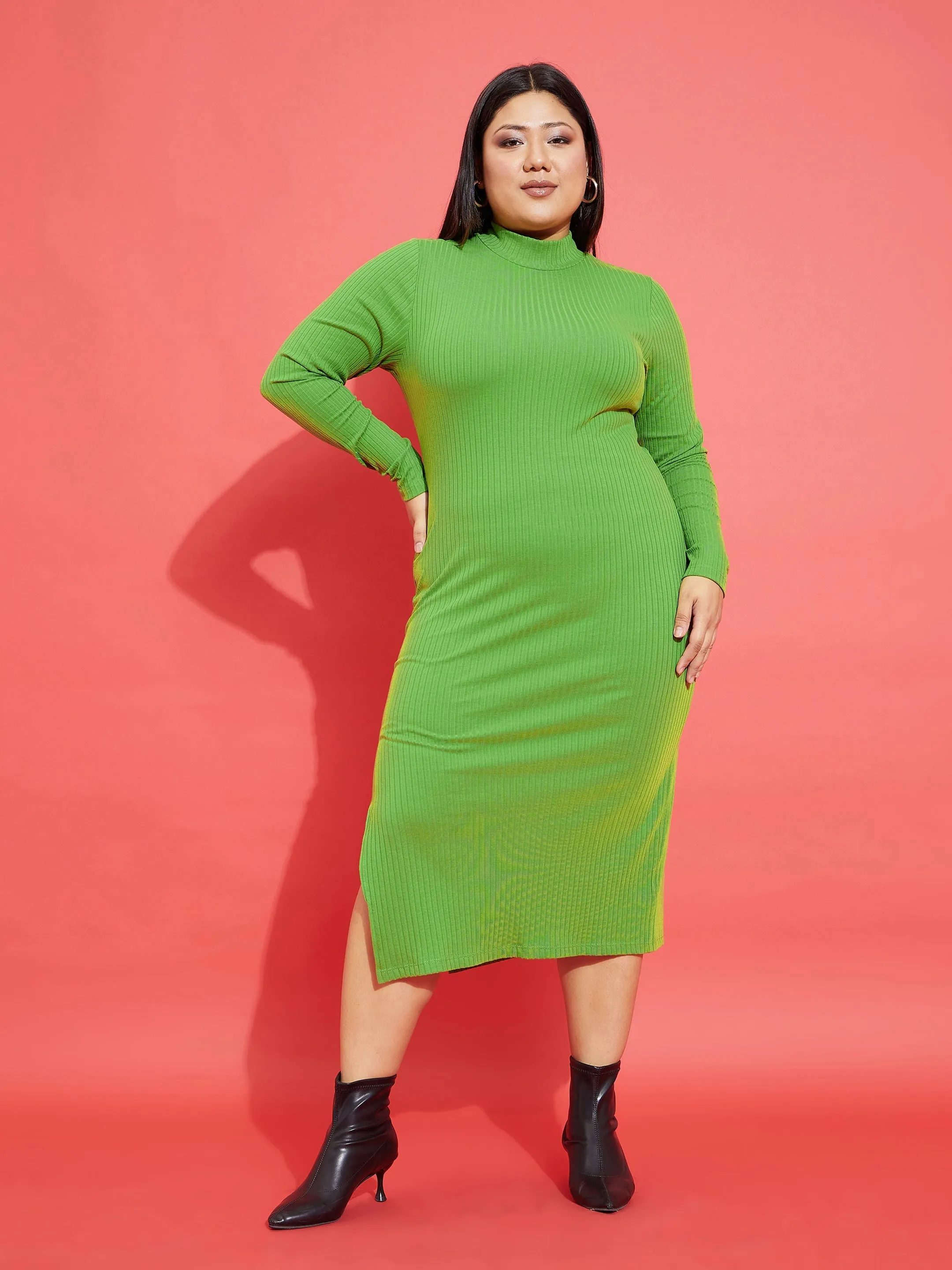 Women Green Rib Side Slit Bodycon Midi Dress