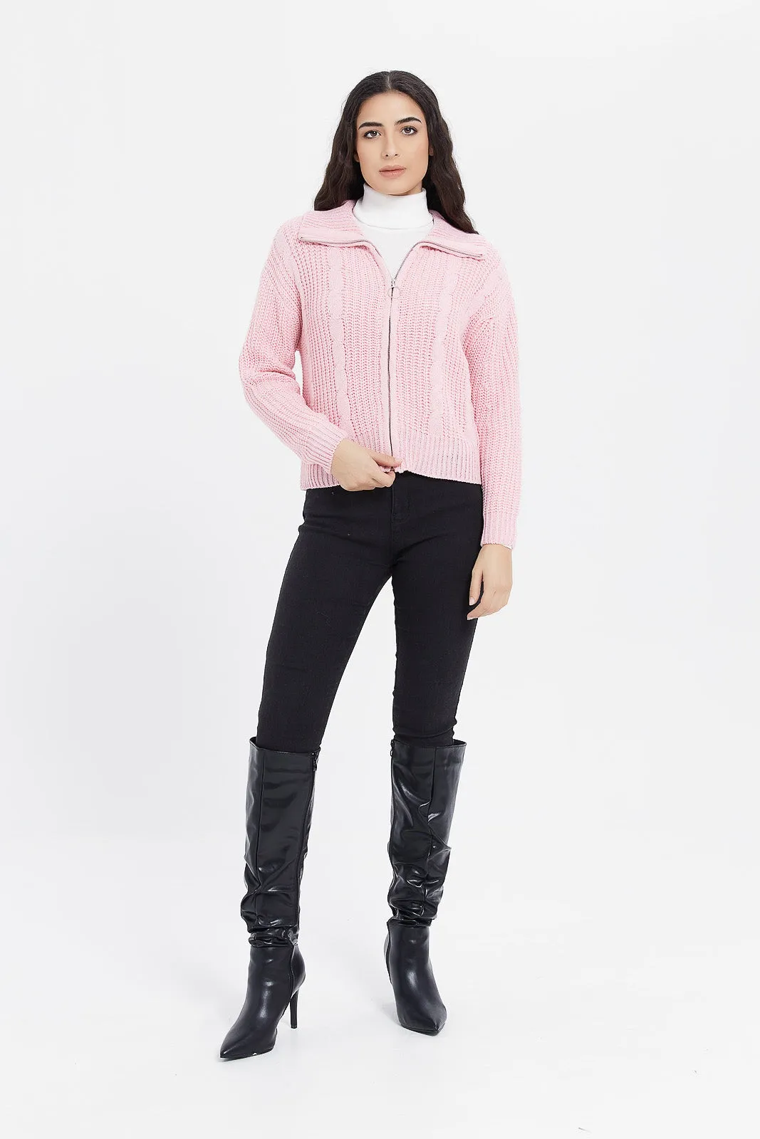 Women Pink Knitted Zip Cardigan