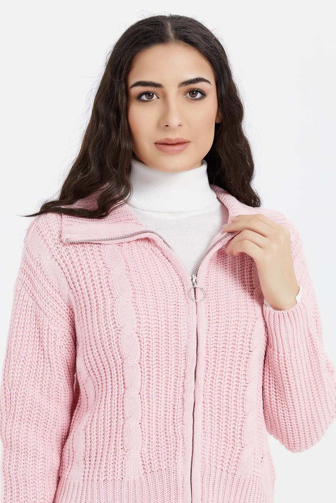 Women Pink Knitted Zip Cardigan