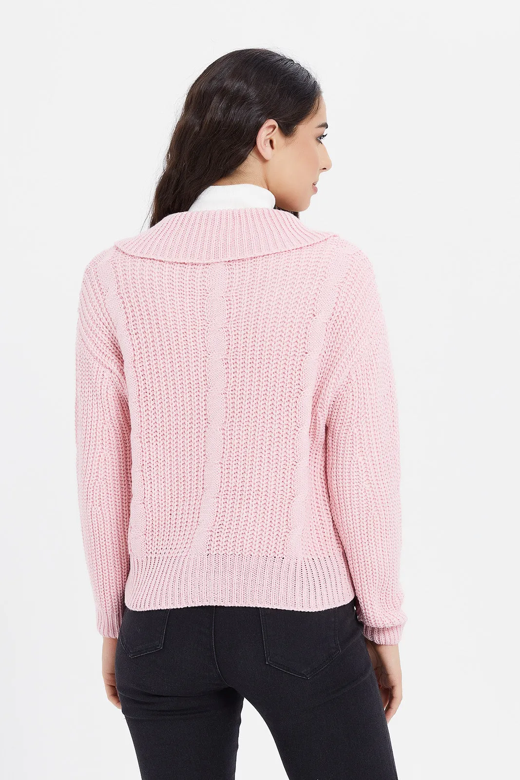 Women Pink Knitted Zip Cardigan