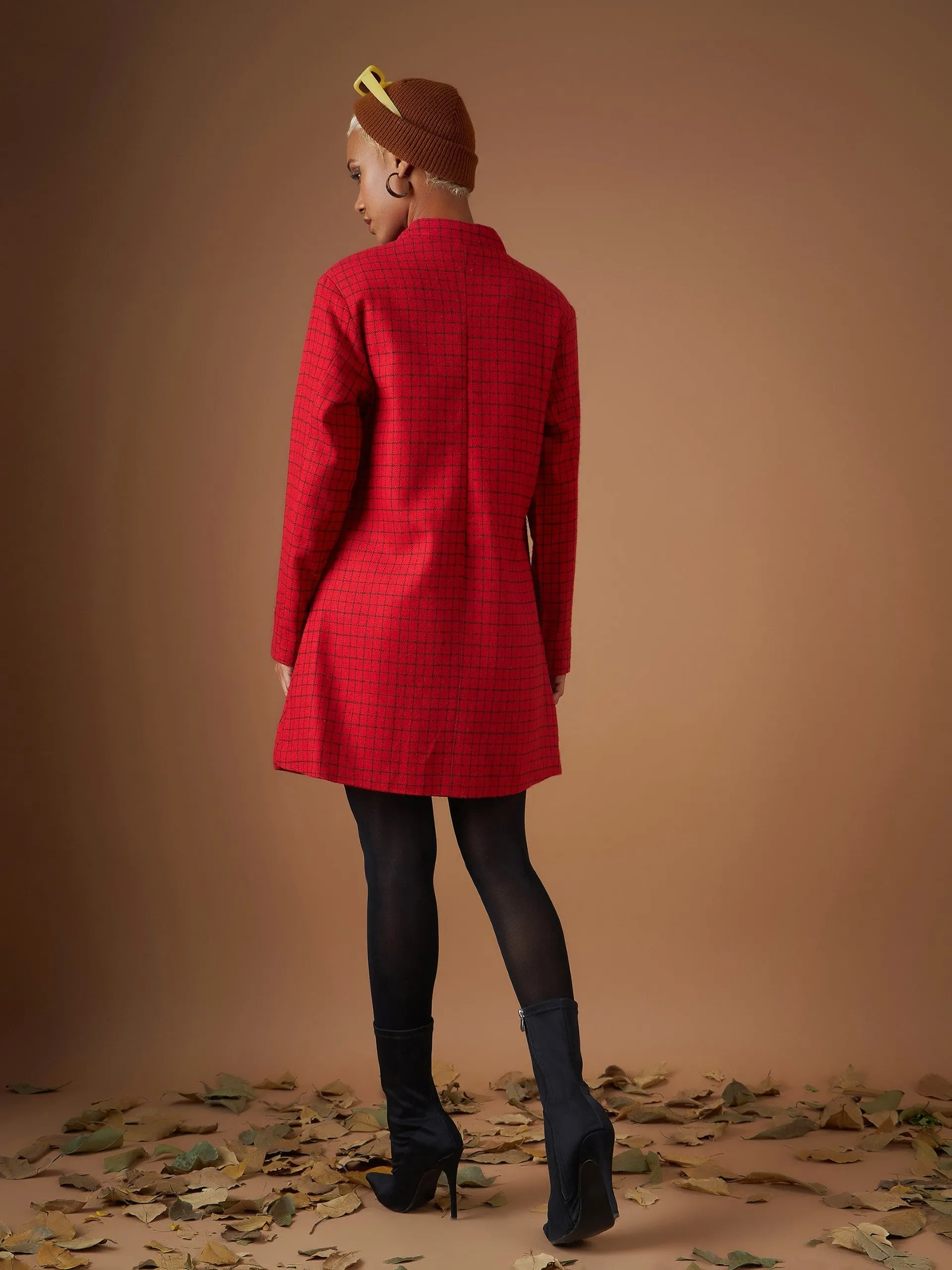 Women Red Jacquard Tweed Mandarin Collar Longline Blazer