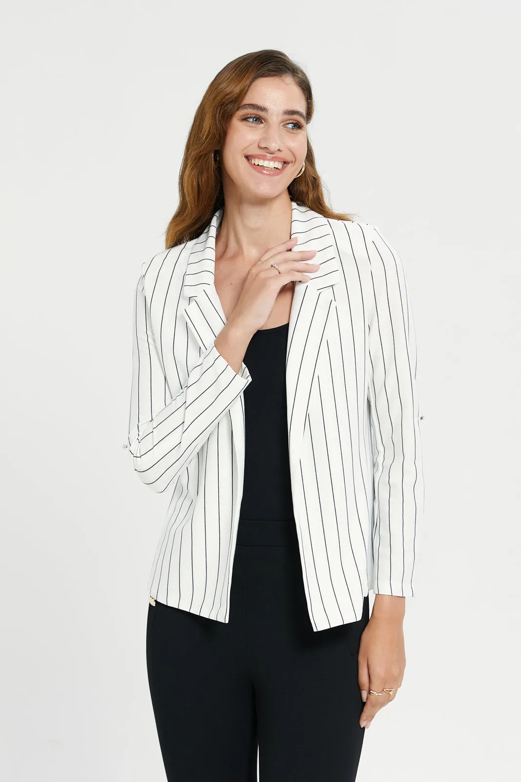 Women White And Black Striped Rolled Sleeve Blazer