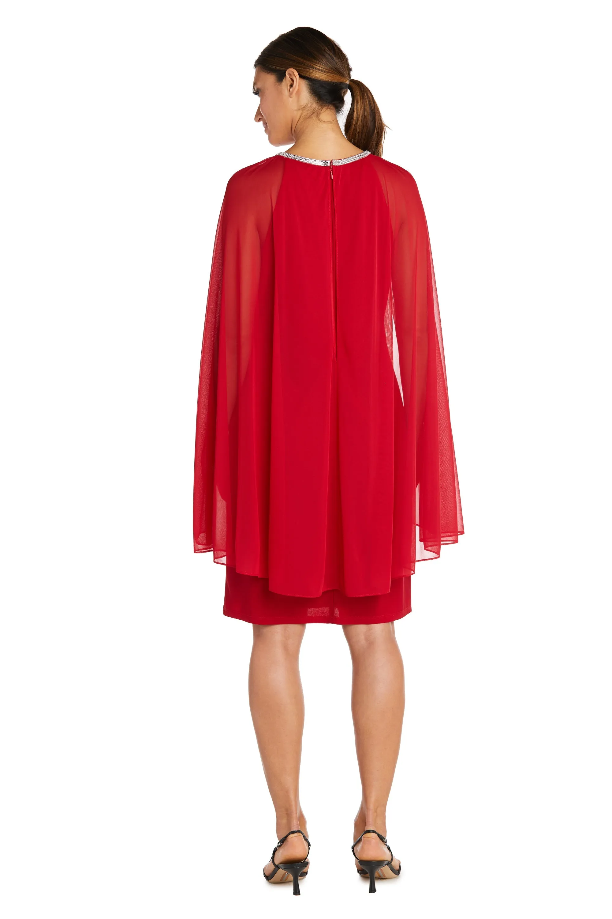 Women's Cape Knee Length Dress with Rhinestone Neckline