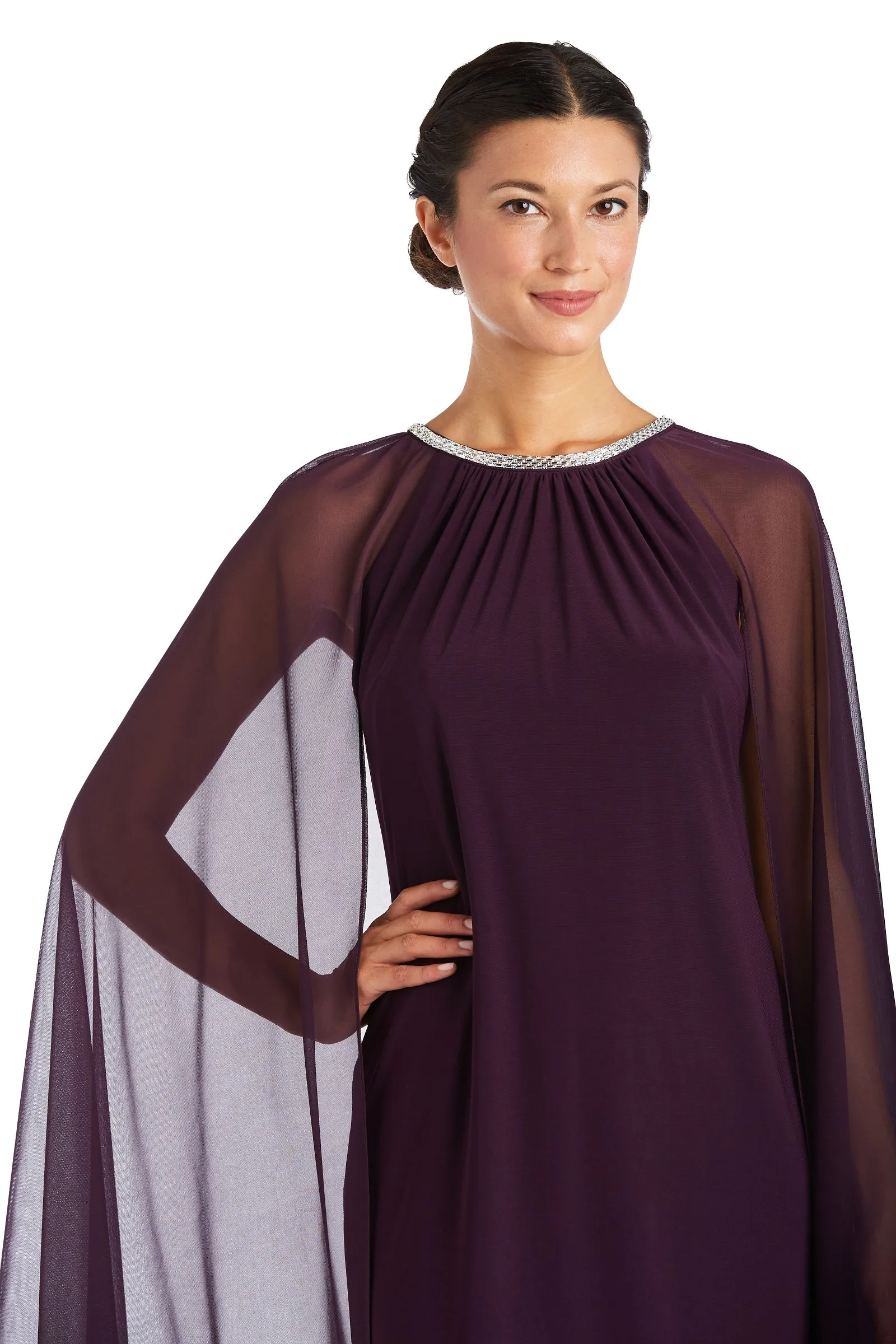 Women's Cape Knee Length Dress with Rhinestone Neckline