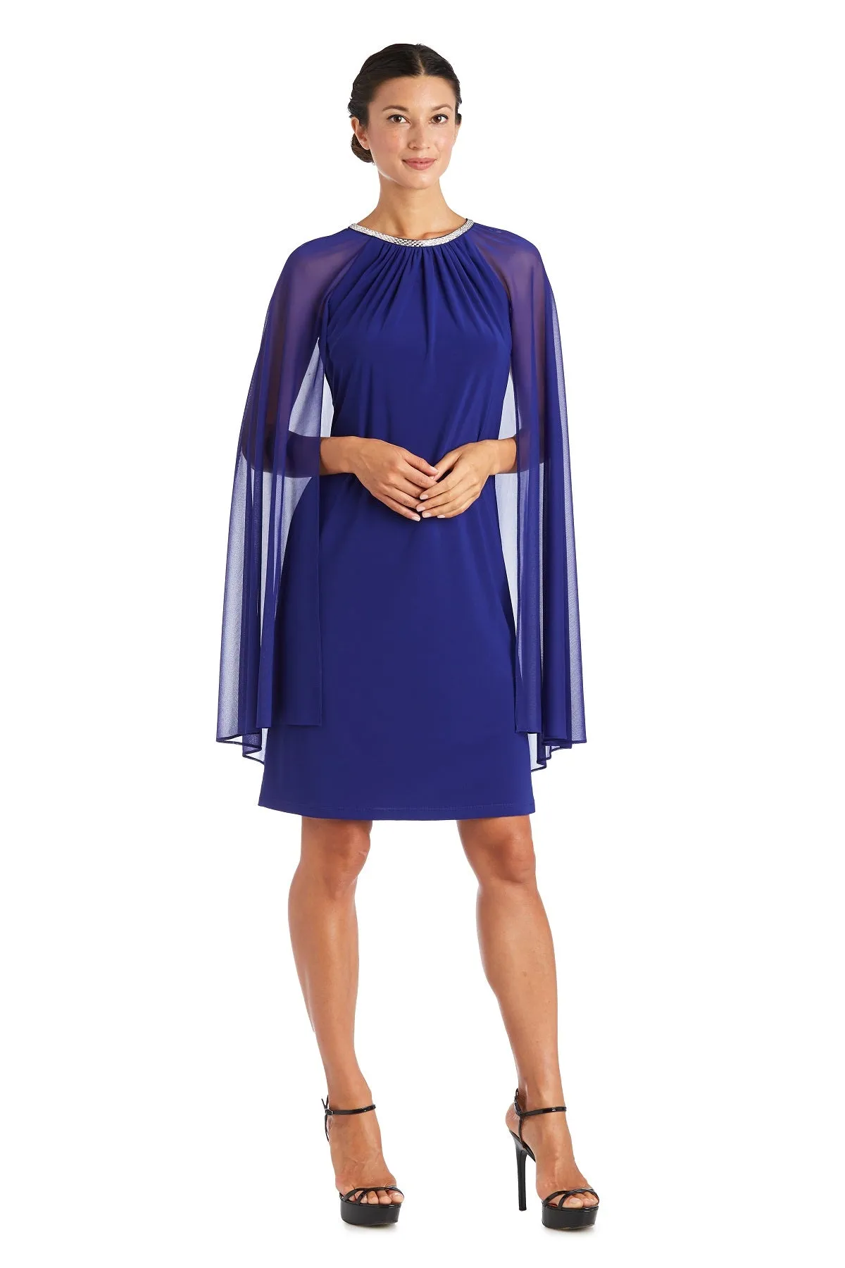 Women's Cape Knee Length Dress with Rhinestone Neckline