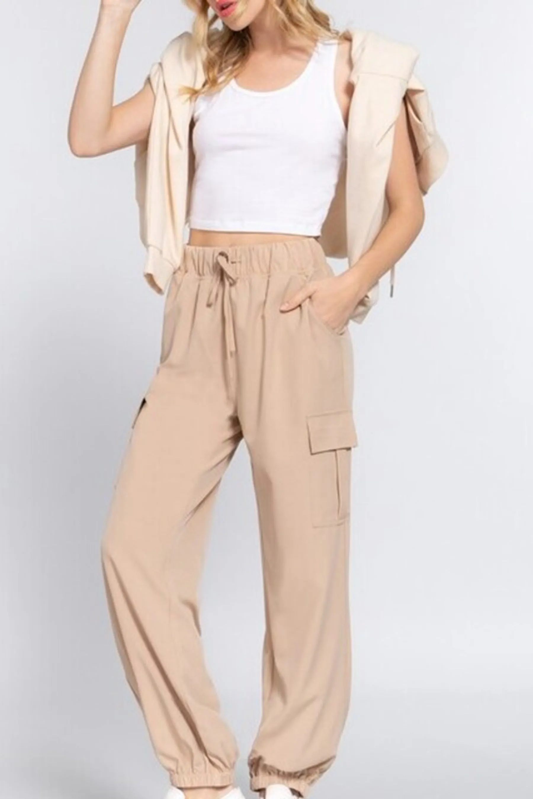 Women's Casual Elastic Waist Jogger Cargo Pants with Pockets