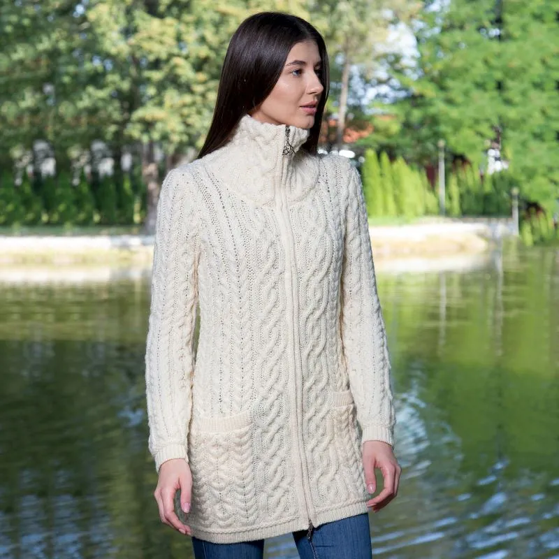 Women's Double Collar Aran Cardigan with Zipper