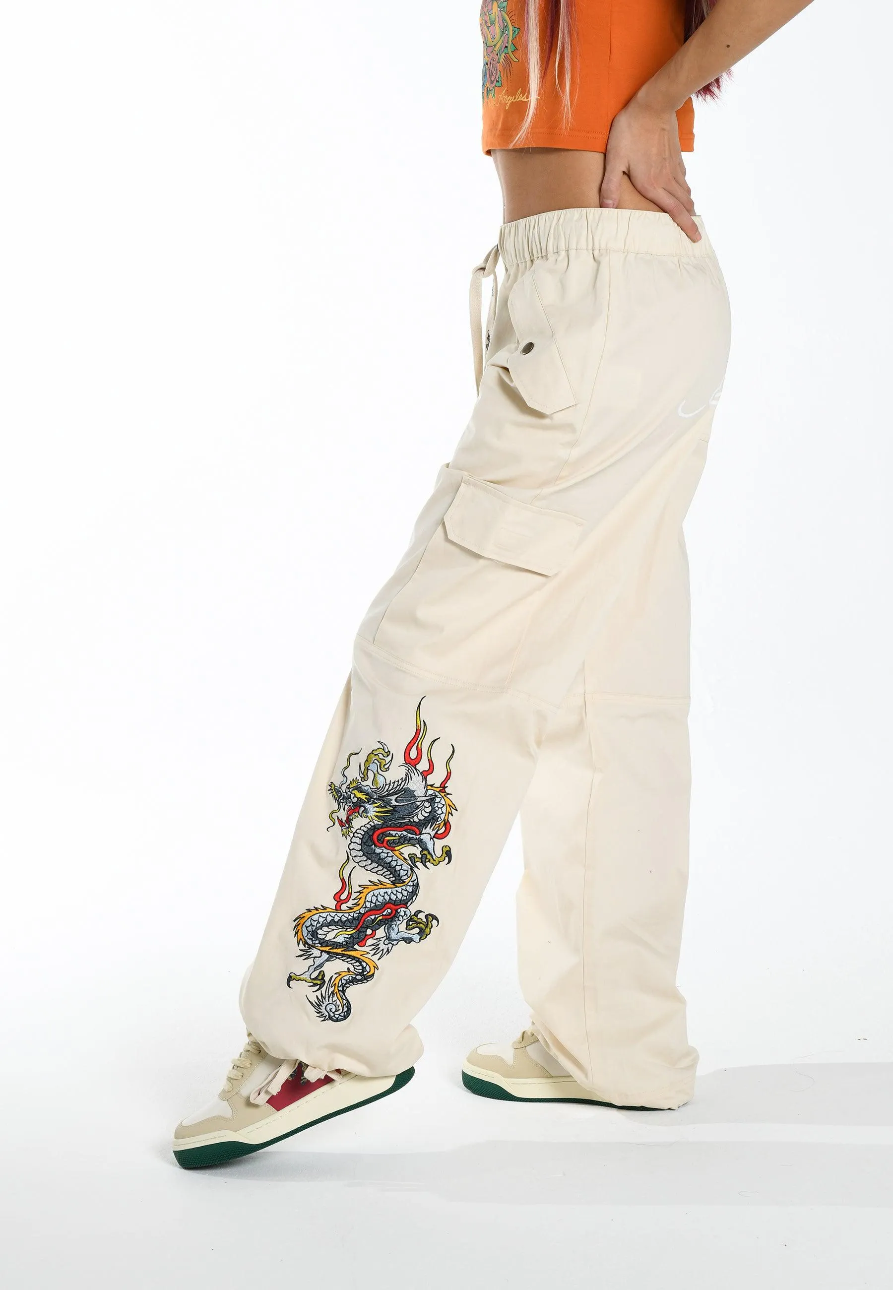 Womens Flaming Dragon Cargo Pants Trousers - Ecru