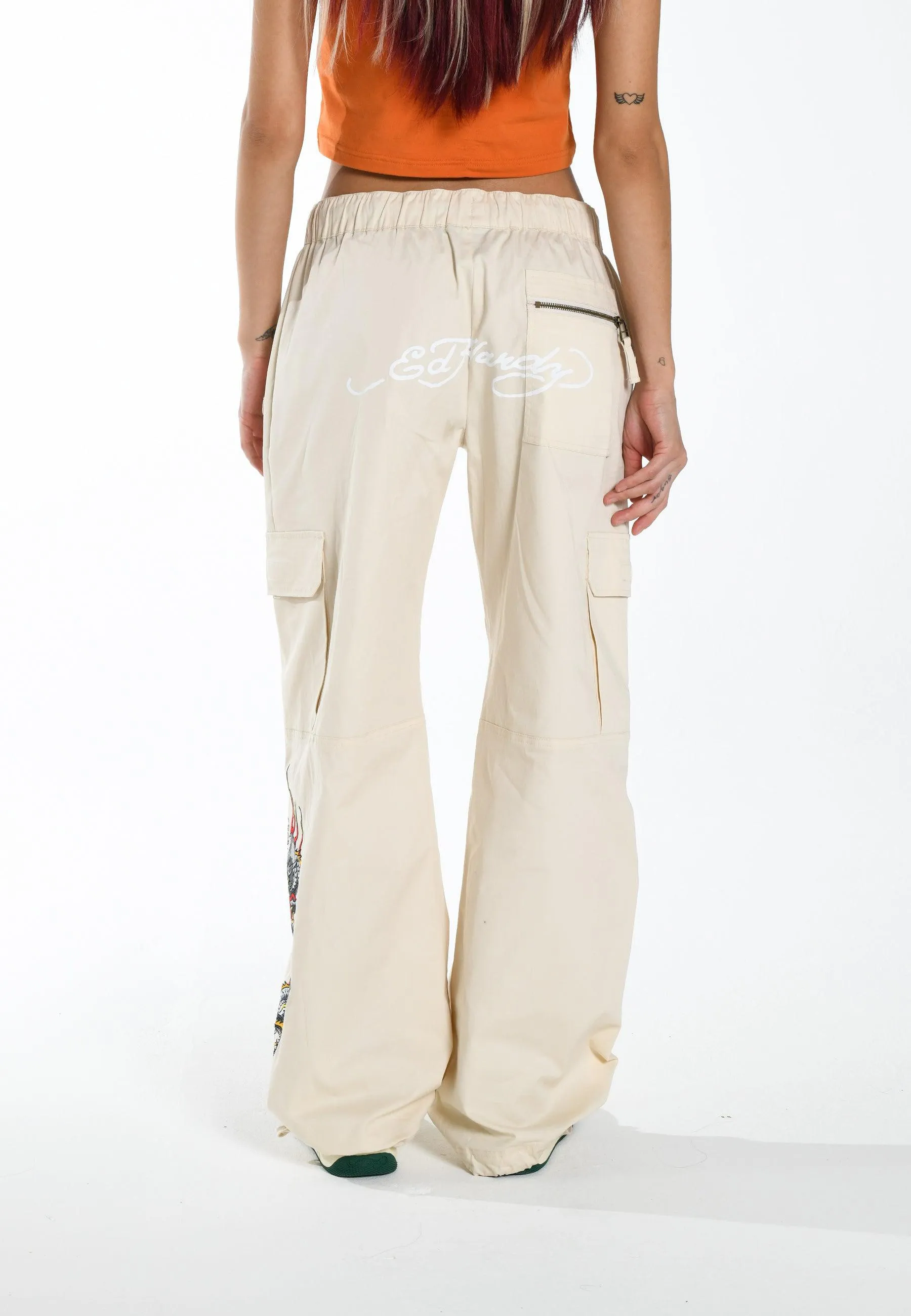 Womens Flaming Dragon Cargo Pants Trousers - Ecru