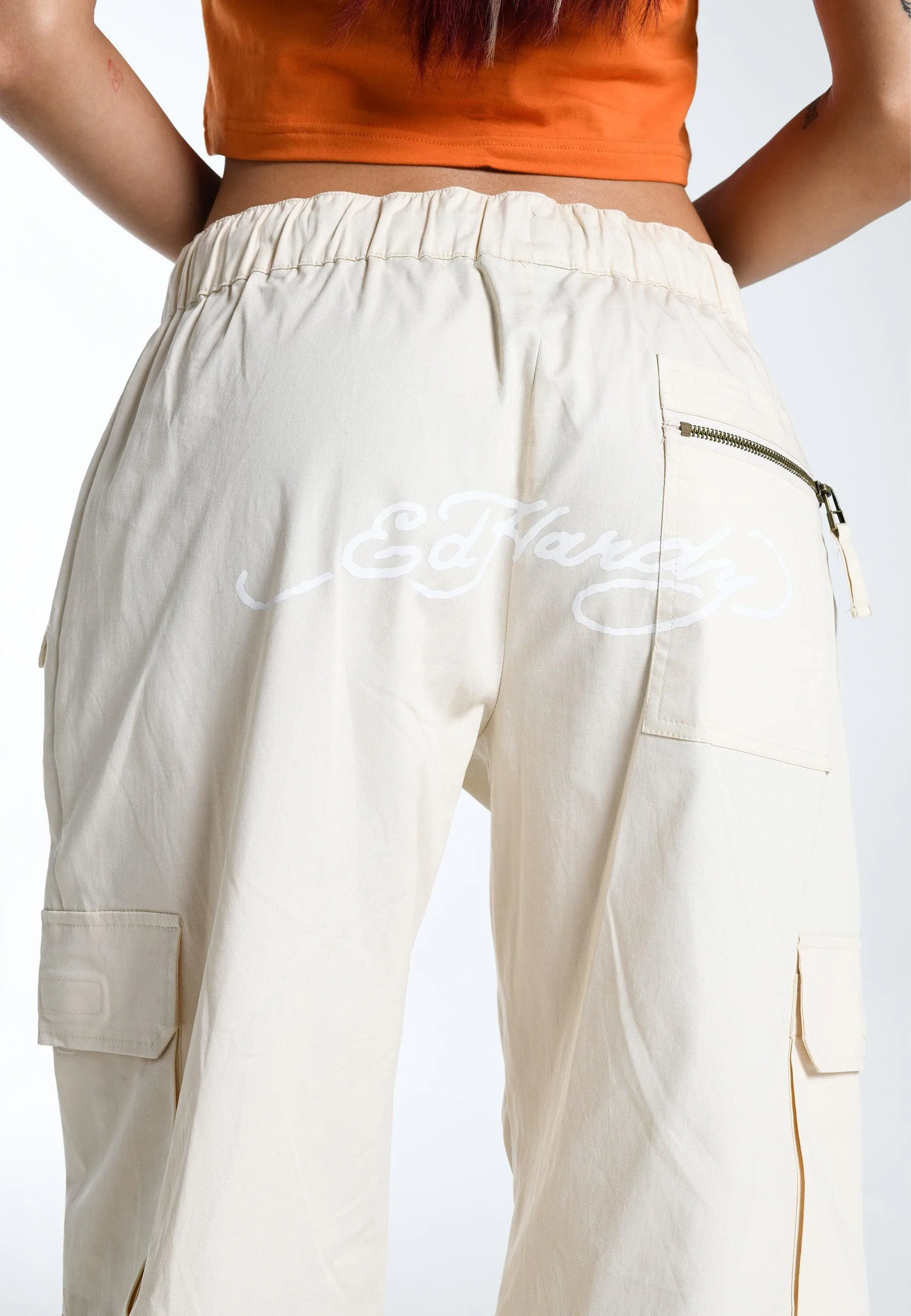 Womens Flaming Dragon Cargo Pants Trousers - Ecru