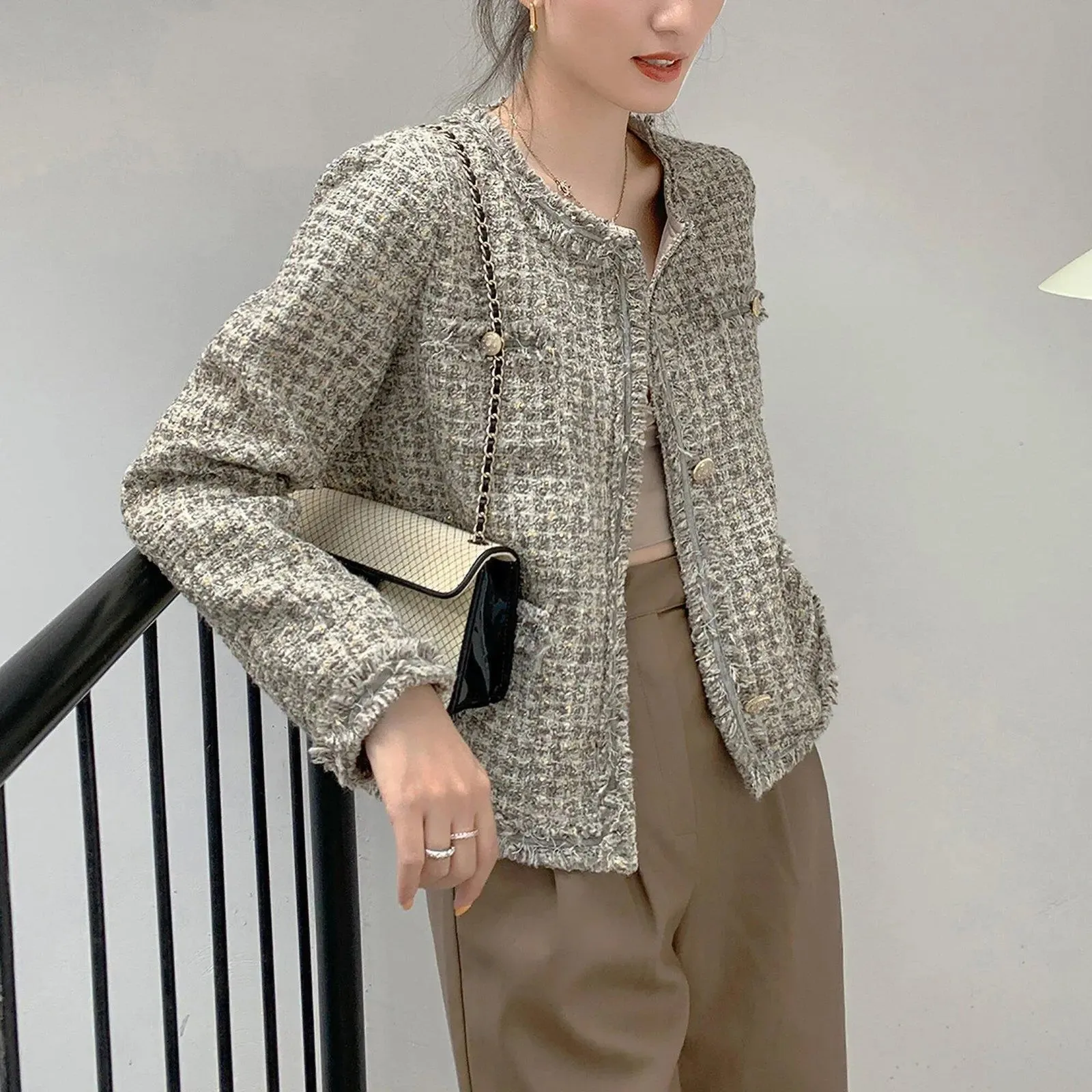 Women's Gray tweed jacket,Button-Up Blazer,Tweed Crop Jacket,Fall coat for women,Tweed Knit Jacket,Warm Jacket,Tweed Tops,Blazer jacket,B104