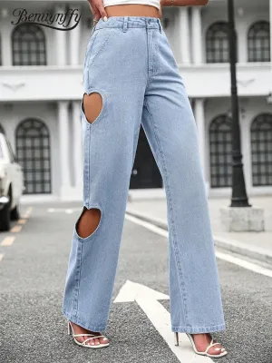 Women's Retro Washed Hole Streetwear High Waist Casual Straight Leg Denim Fashion 2024 Jeans