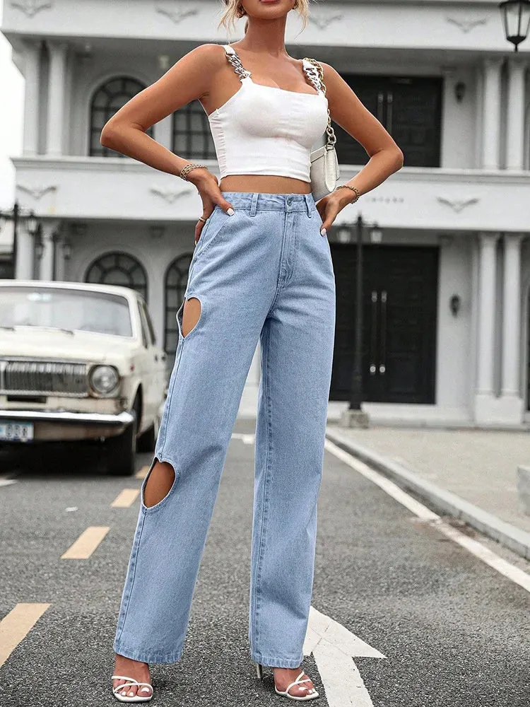 Women's Retro Washed Hole Streetwear High Waist Casual Straight Leg Denim Fashion 2024 Jeans