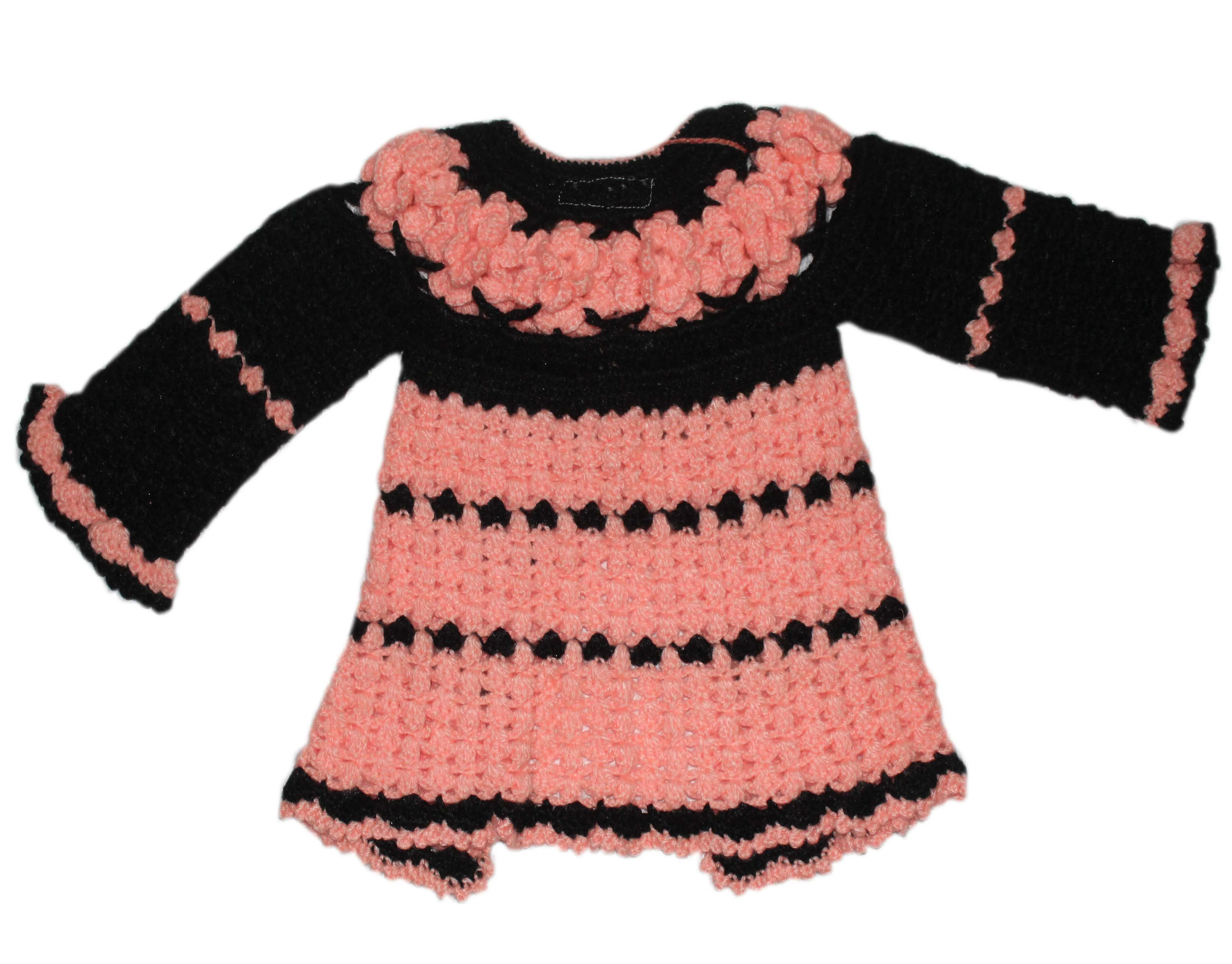 Woonie Crochet Handmade Beautiful Full Sleeve Cardigan On Front Flower Design - Dark Salmon & Black