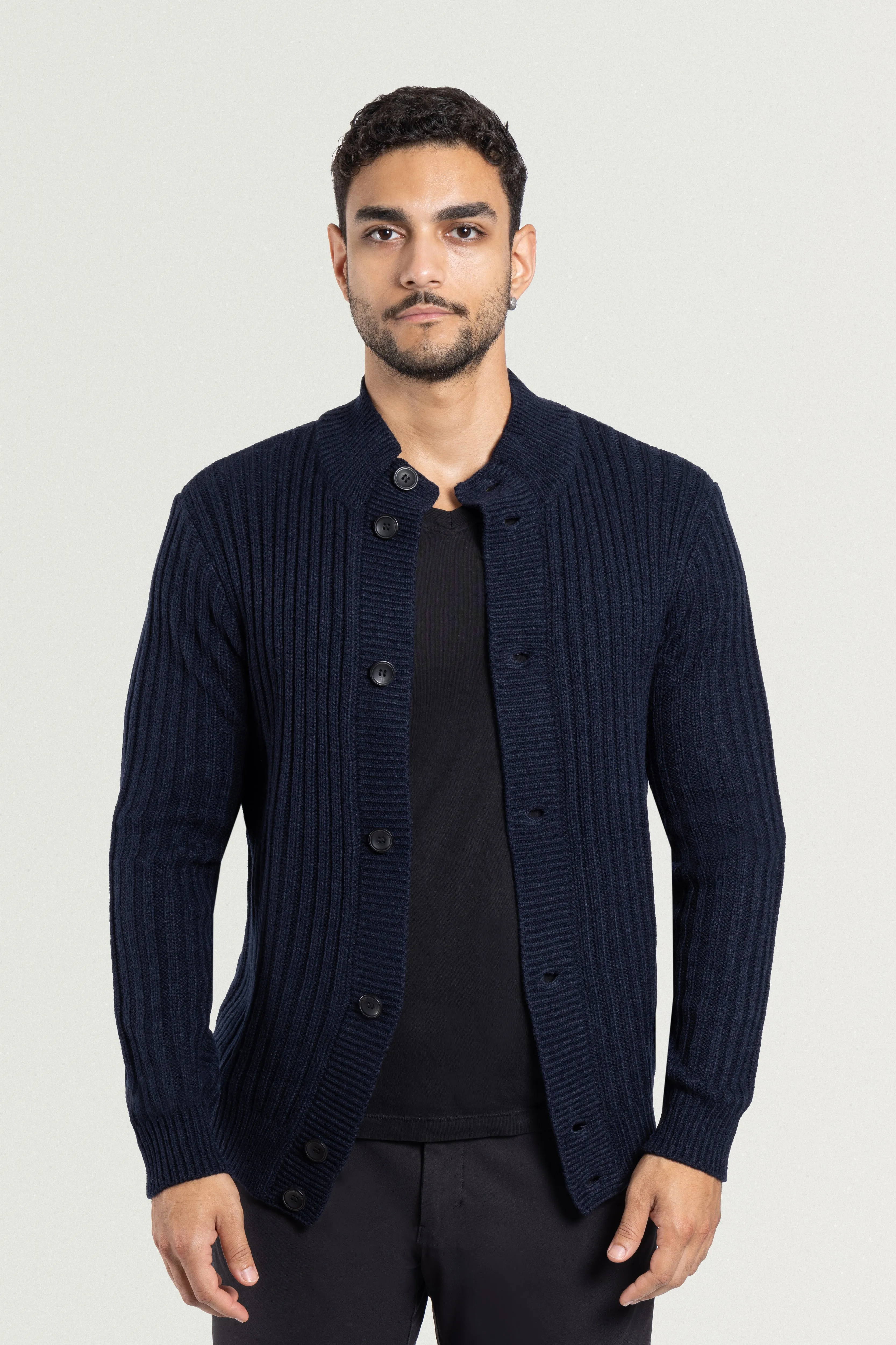 X RAY Men's Stand Collar Button Ribbed Cardigan