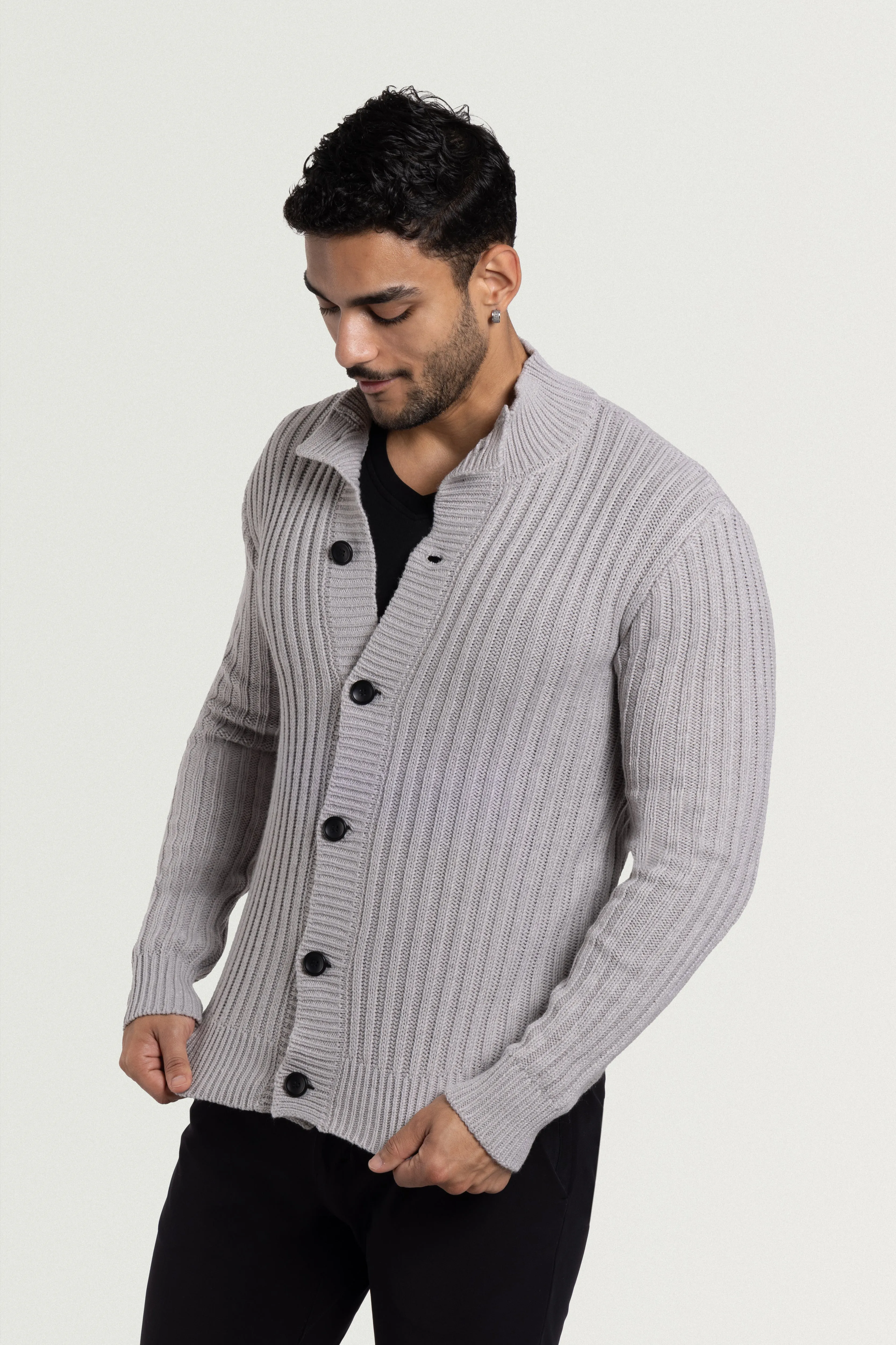 X RAY Men's Stand Collar Button Ribbed Cardigan