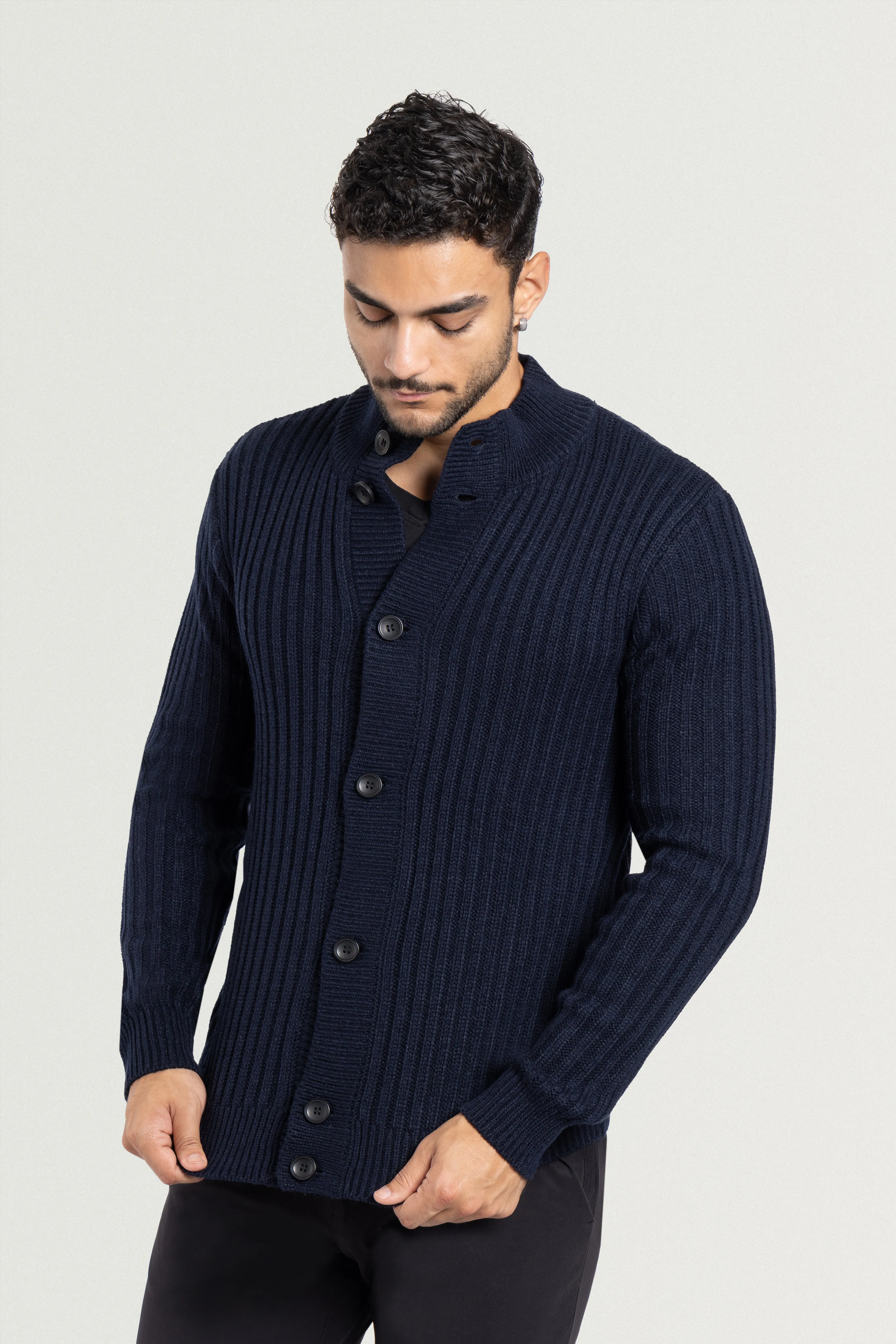 X RAY Men's Stand Collar Button Ribbed Cardigan