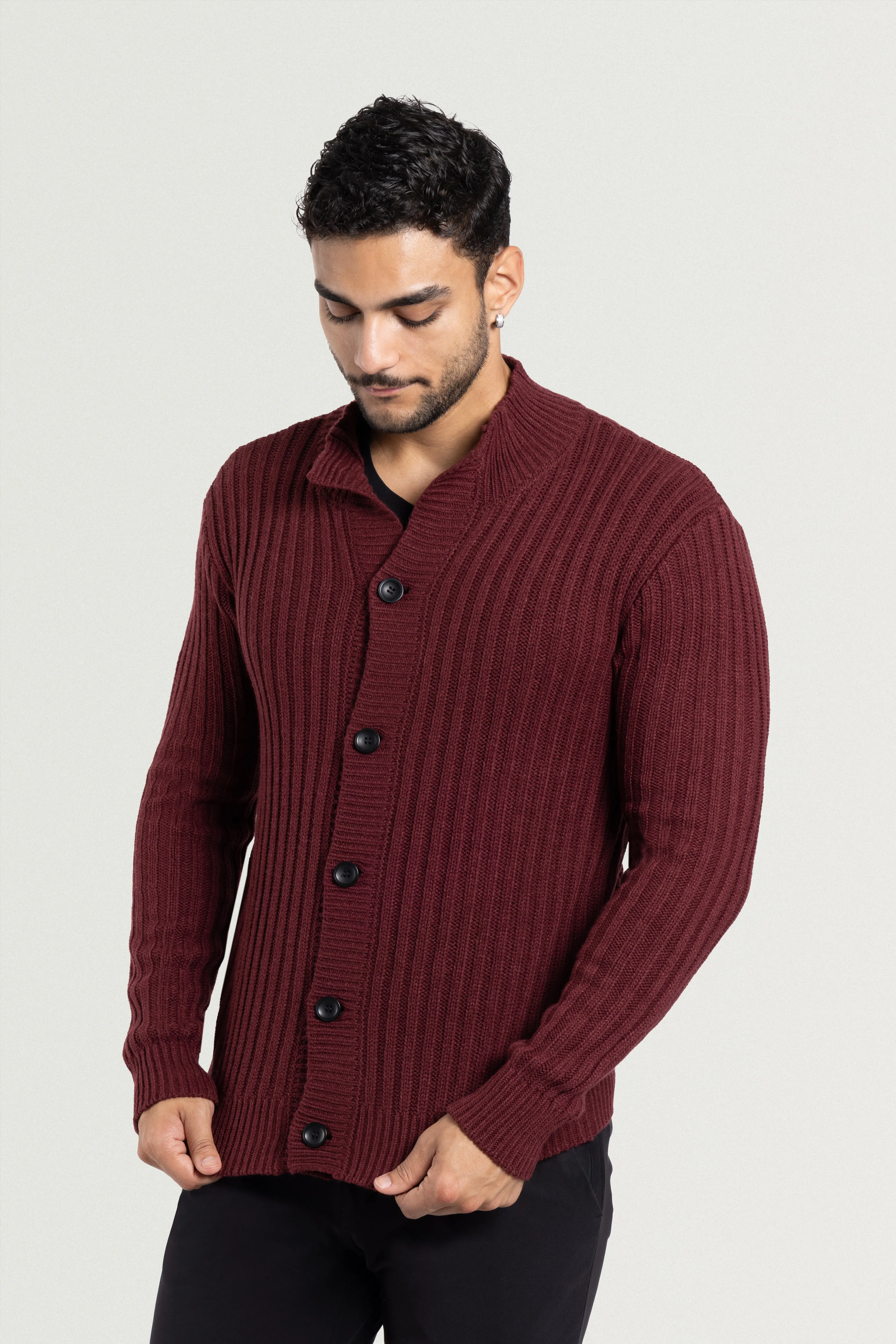 X RAY Men's Stand Collar Button Ribbed Cardigan