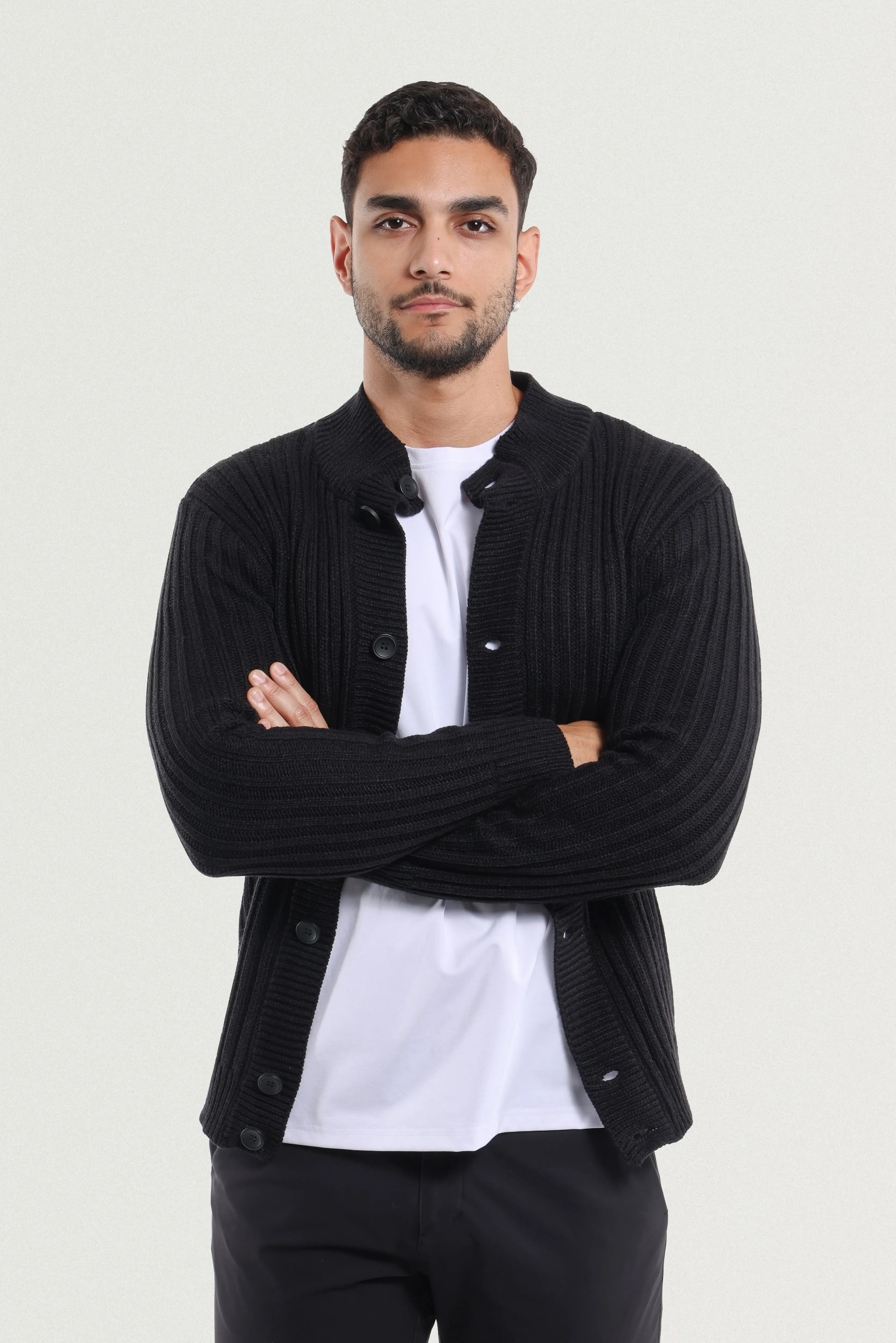 X RAY Men's Stand Collar Button Ribbed Cardigan