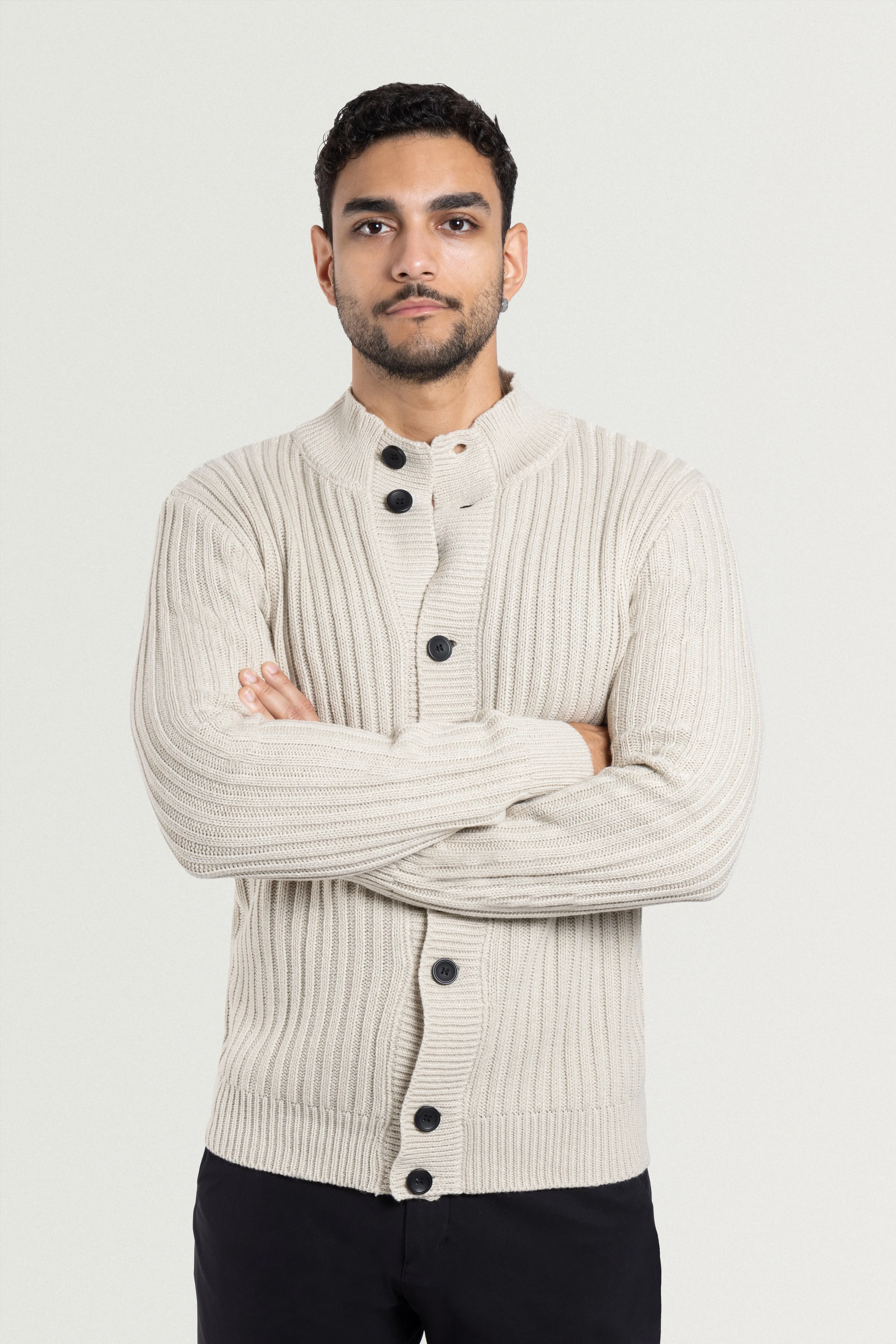 X RAY Men's Stand Collar Button Ribbed Cardigan