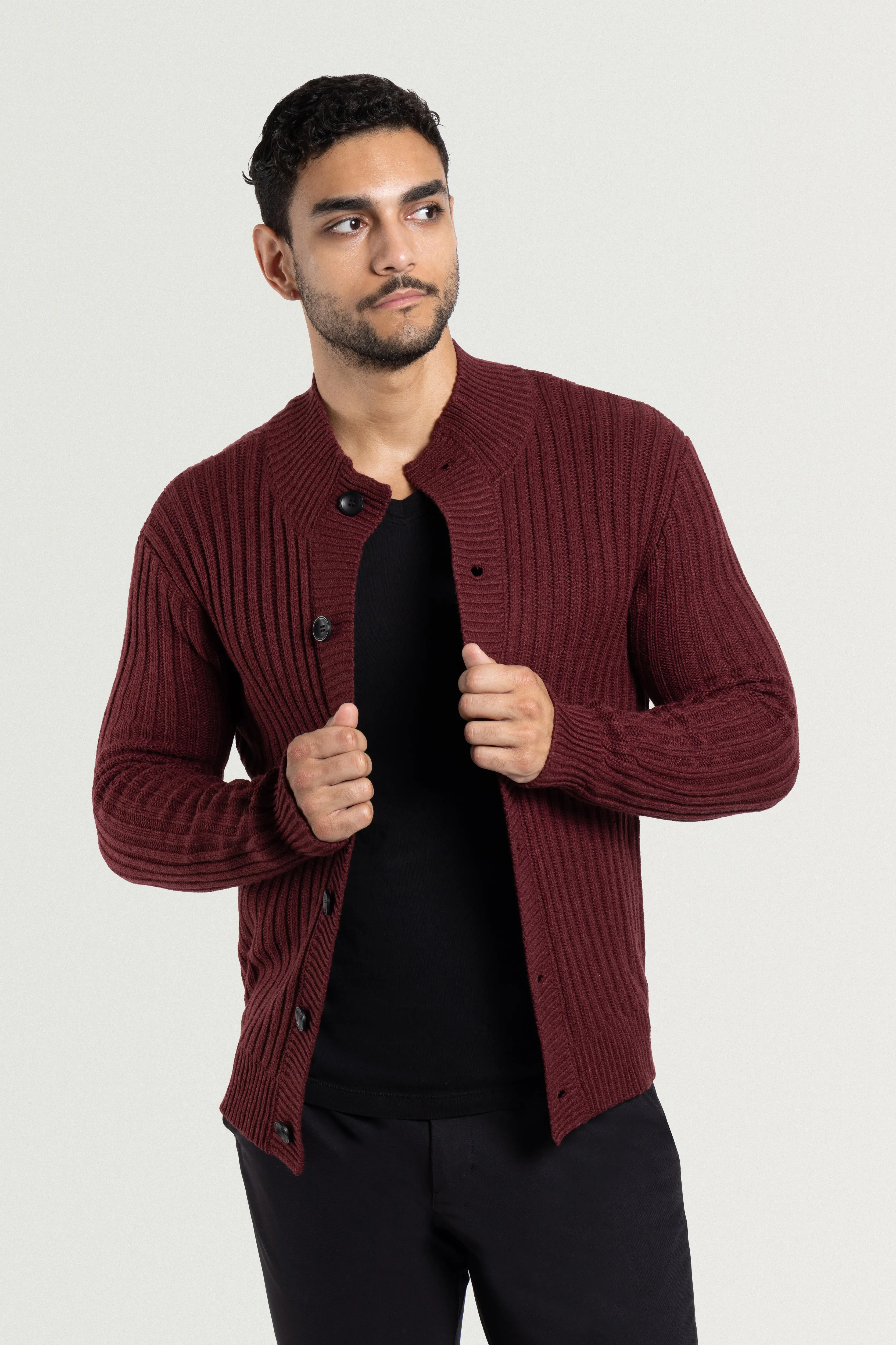 X RAY Men's Stand Collar Button Ribbed Cardigan