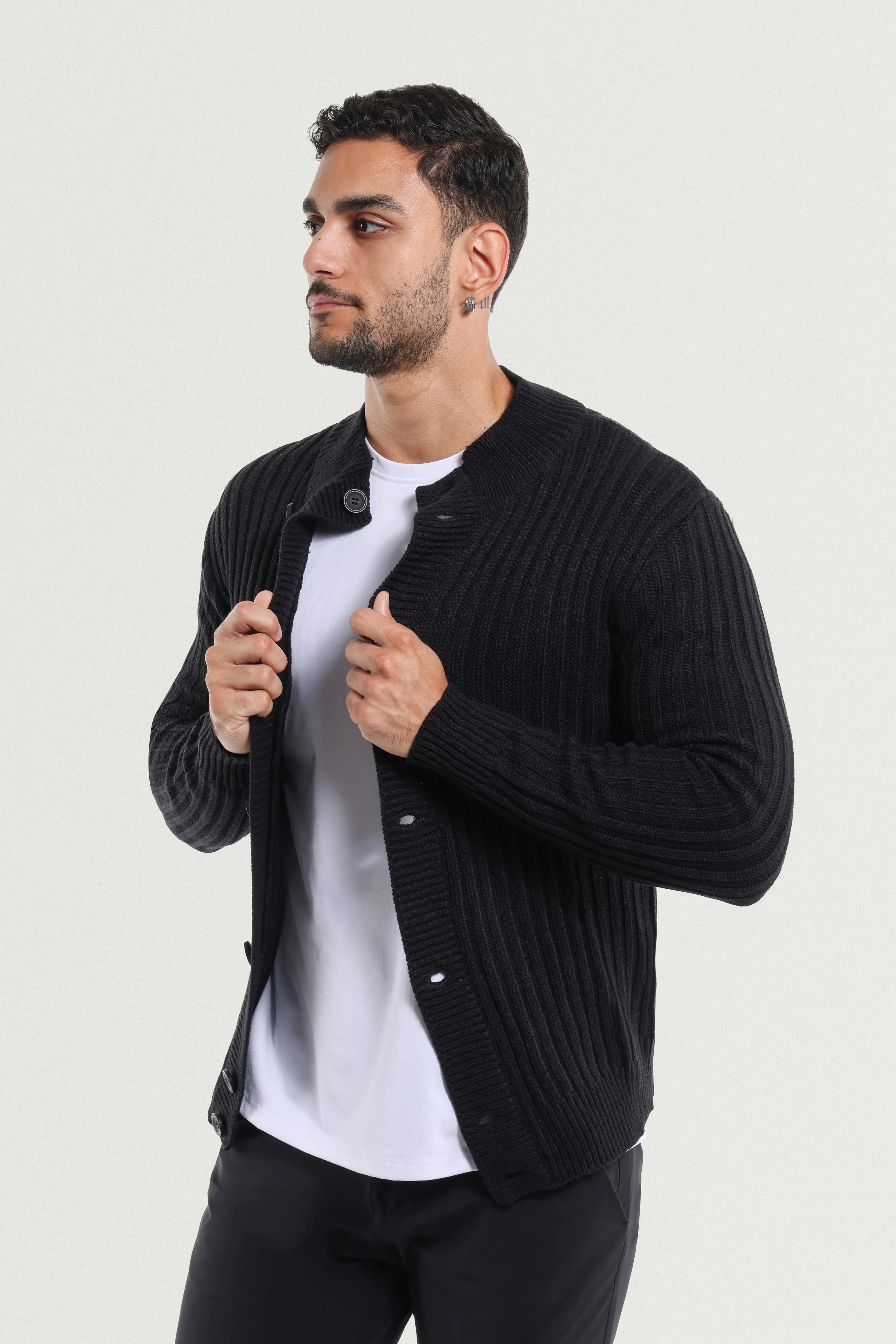 X RAY Men's Stand Collar Button Ribbed Cardigan