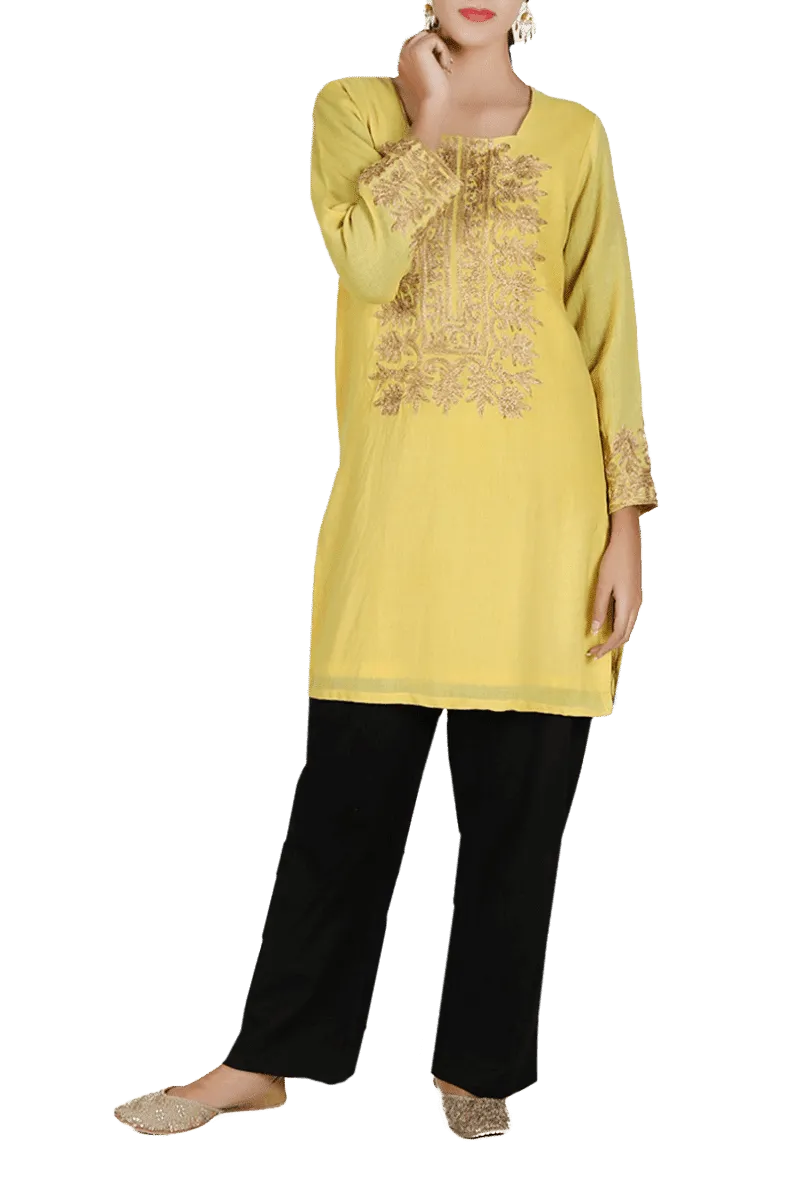 Yellow Aari Zari Embroidered Semi Pashmina Kurta